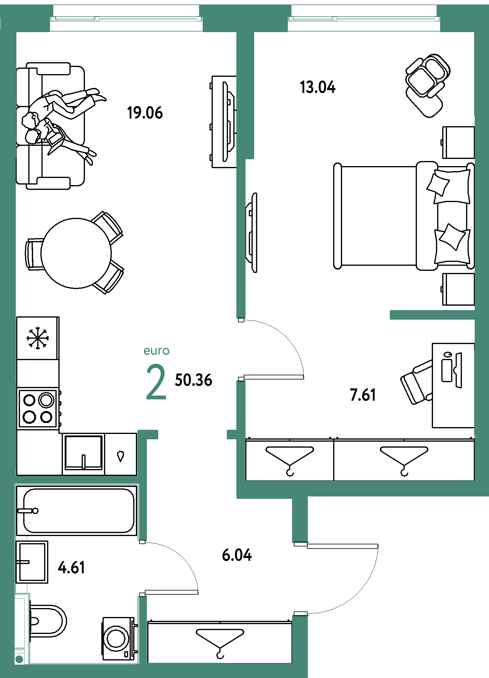 ЖК "Страна.Прибрежная"-2-комнатная 50.36 м²