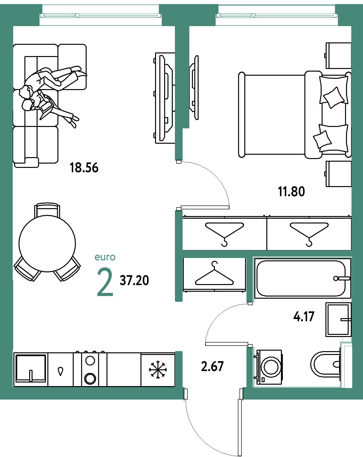 ЖК "Страна.Прибрежная"-2-комнатная 37.2 м²