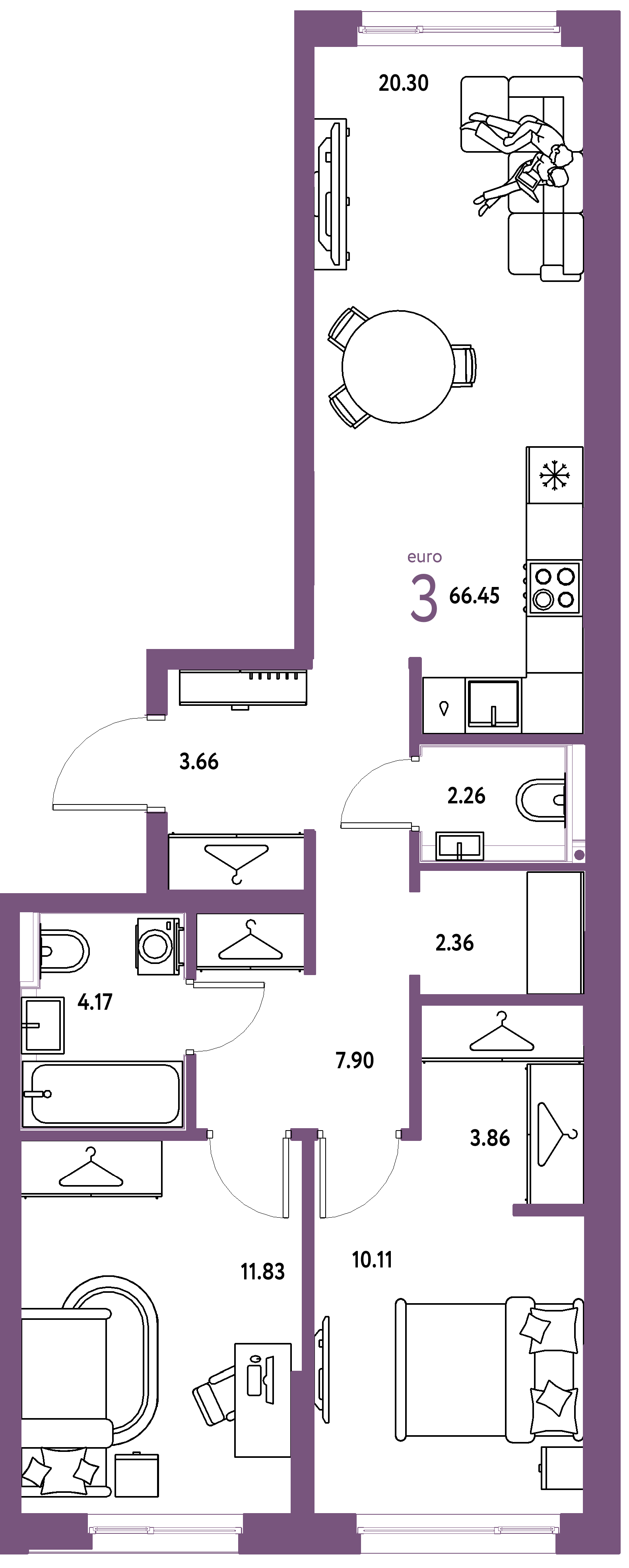 ЖК "Страна.Прибрежная"-3-комнатная 66.45 м²