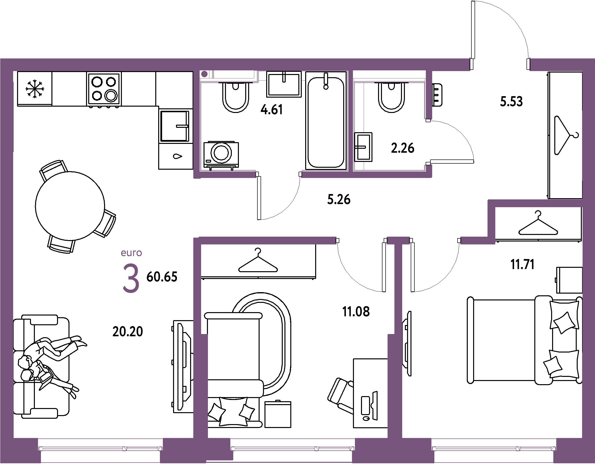 ЖК "Страна.Прибрежная"-3-комнатная 60.65 м²