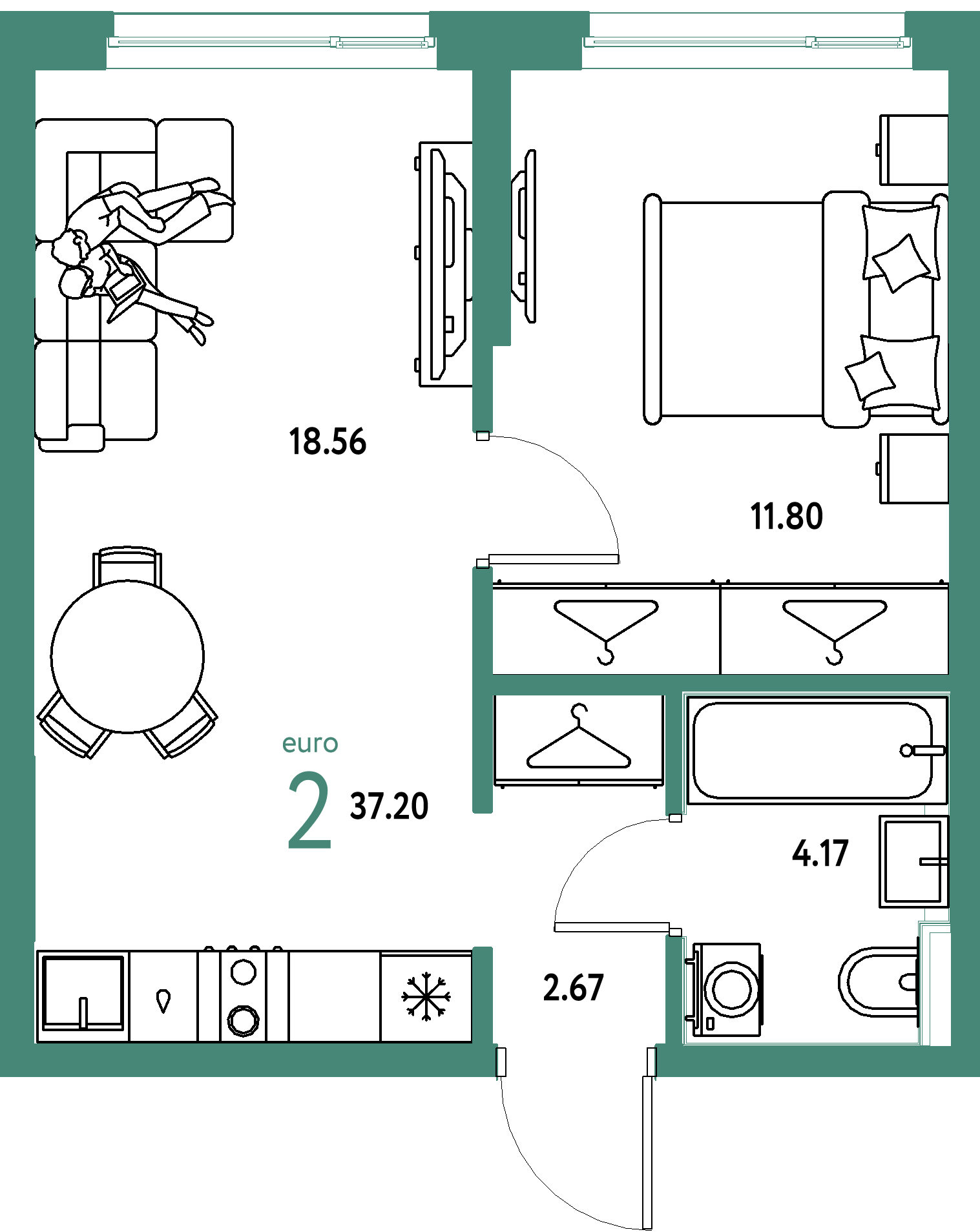 ЖК "Страна.Прибрежная"-2-комнатная 37.2 м²