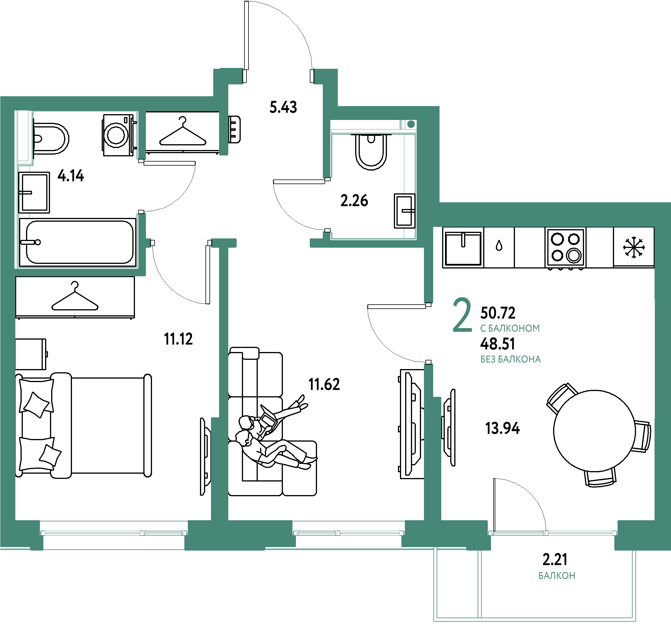 ЖК "Страна.Прибрежная"-2-комнатная 50.72 м²