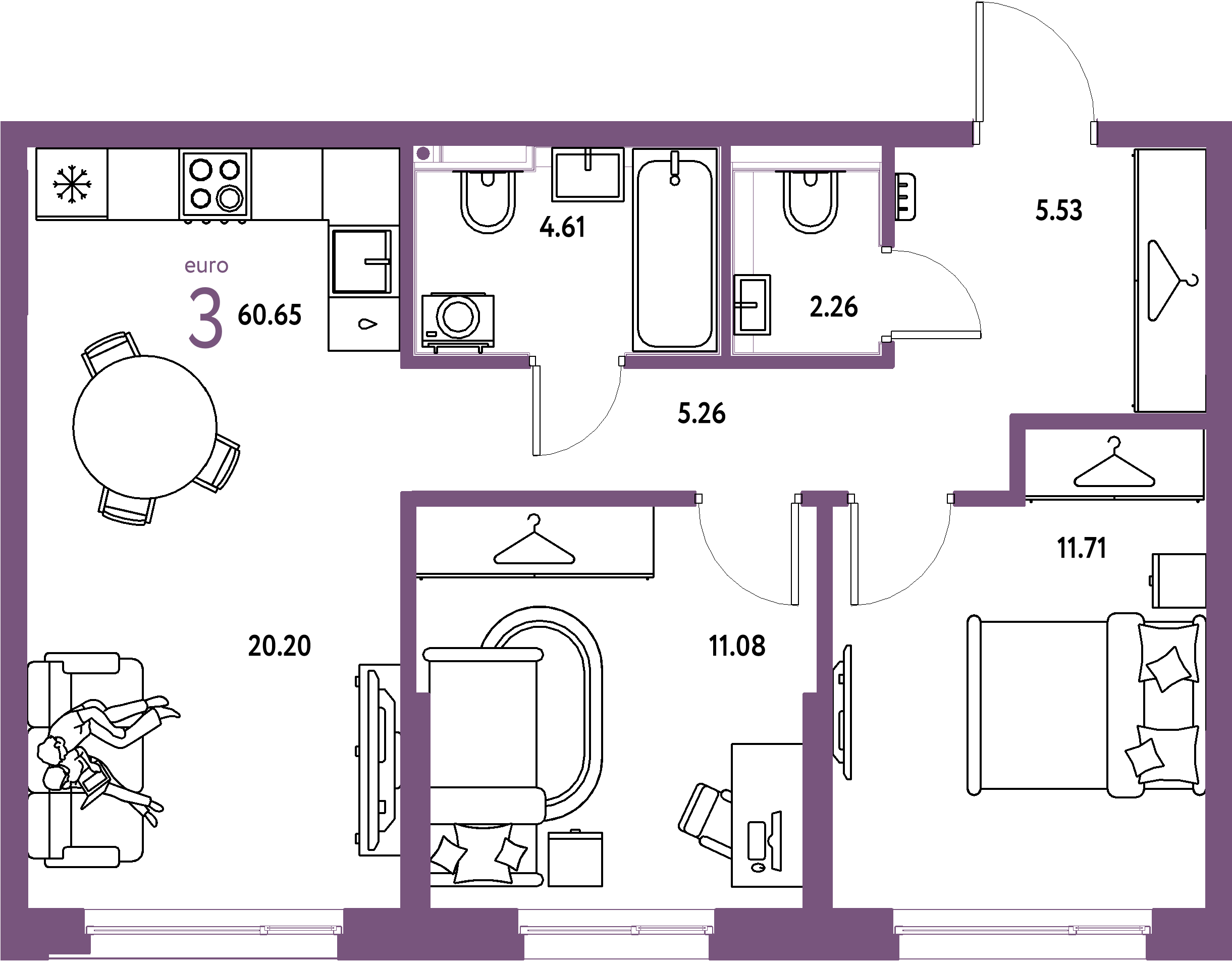 ЖК "Страна.Прибрежная"-3-комнатная 60.65 м²