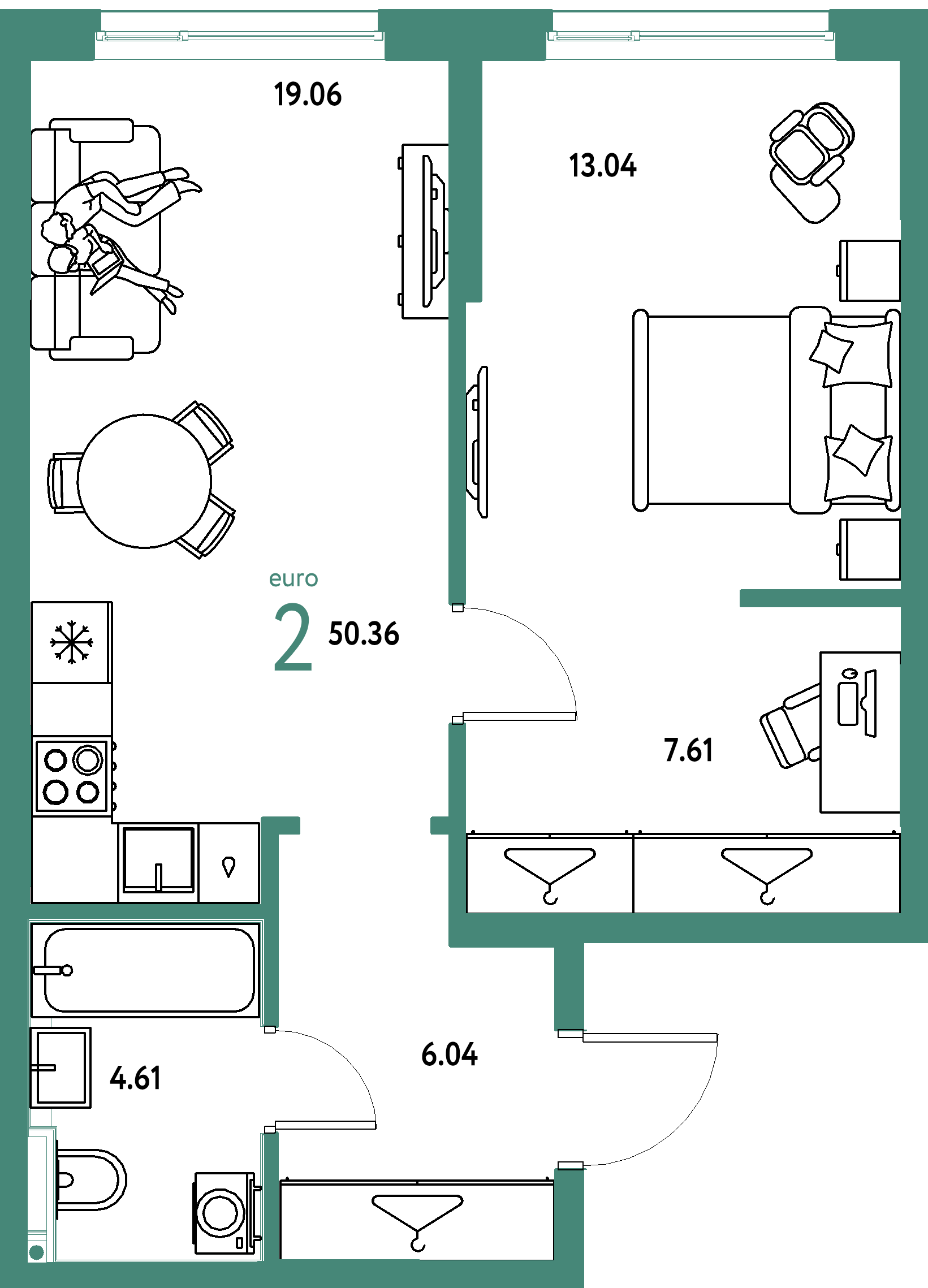 ЖК "Страна.Прибрежная"-2-комнатная 50.36 м²