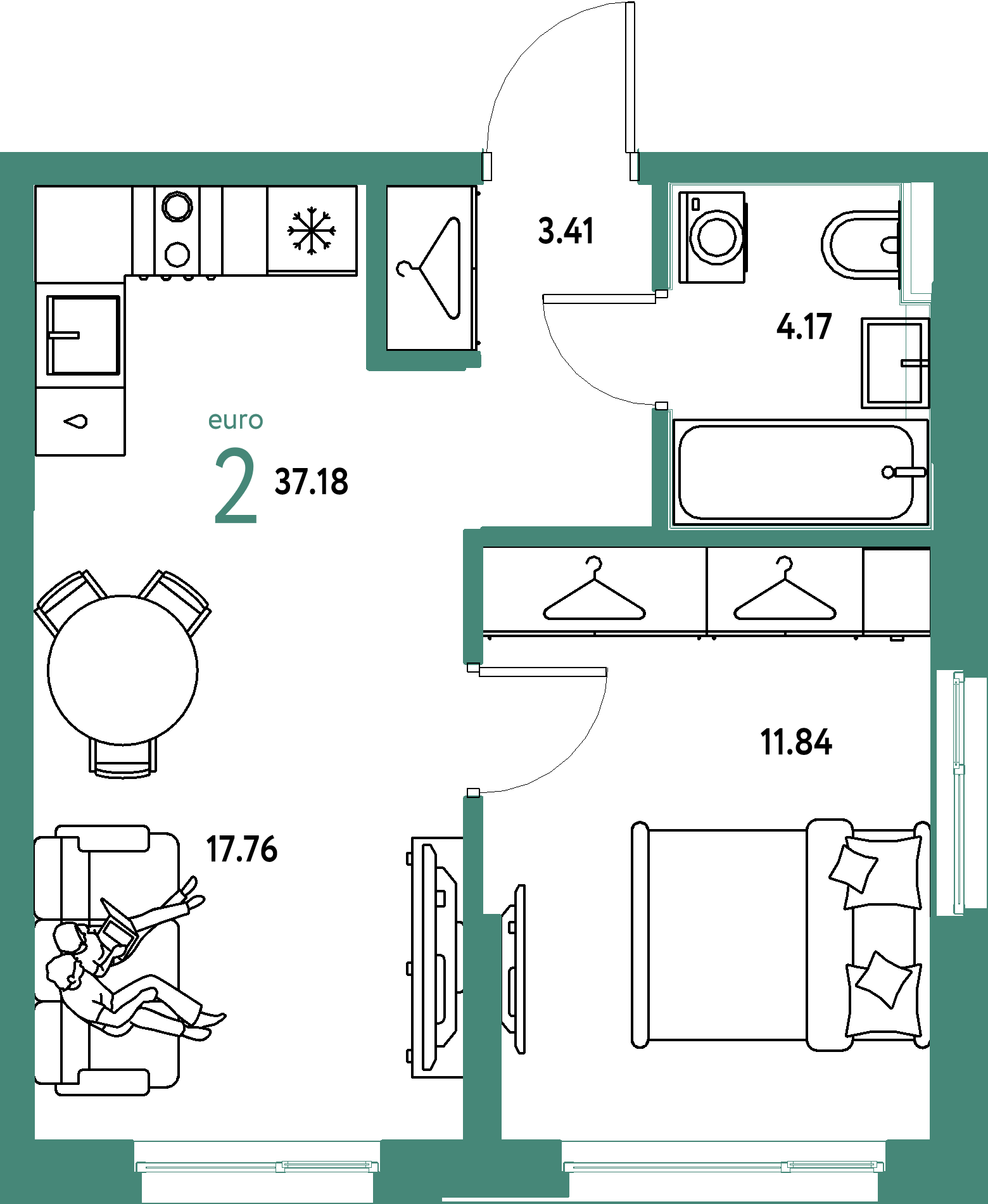 ЖК "Страна.Прибрежная"-2-комнатная 37.18 м²