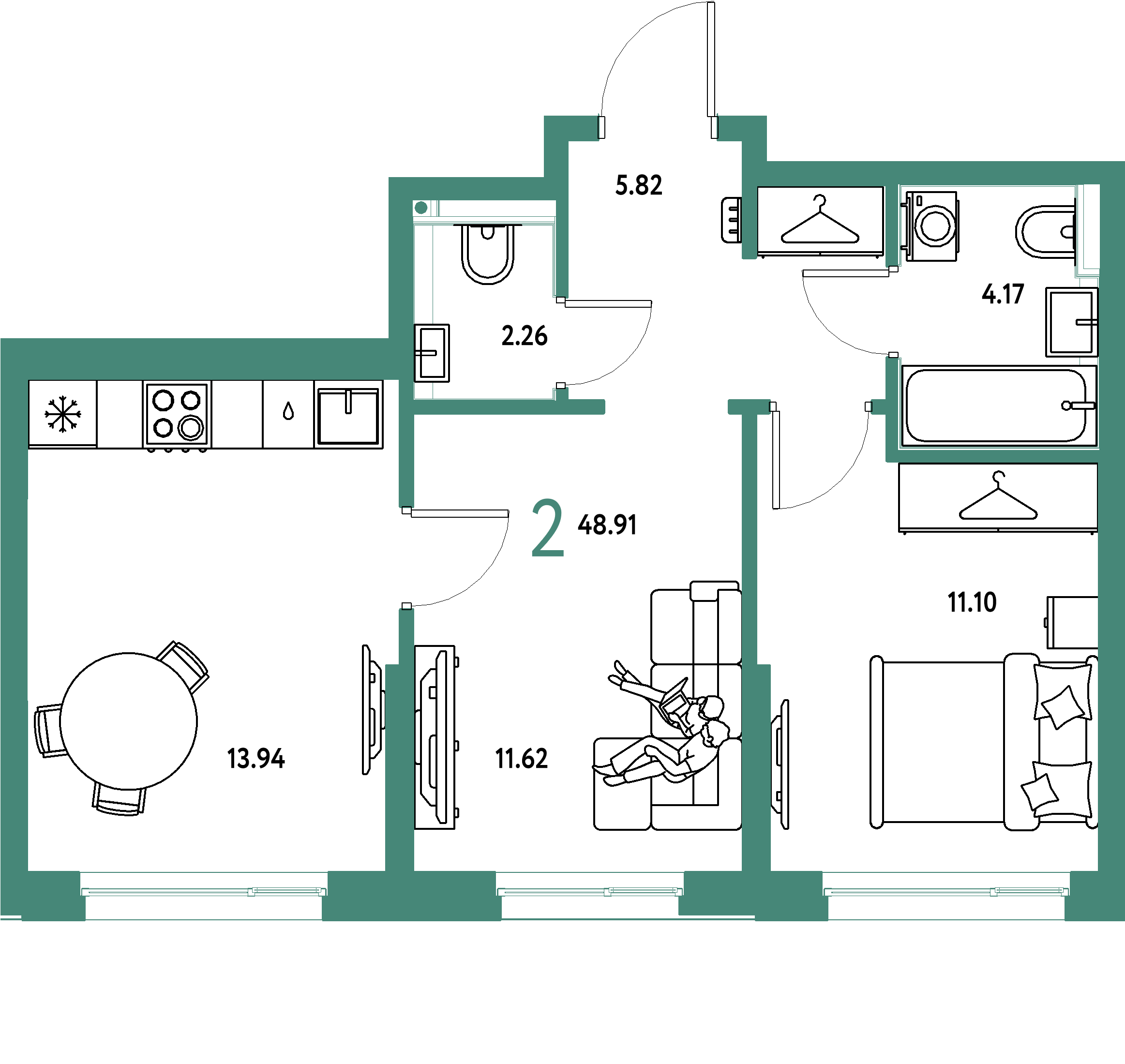 ЖК "Страна.Прибрежная"-2-комнатная 48.91 м²