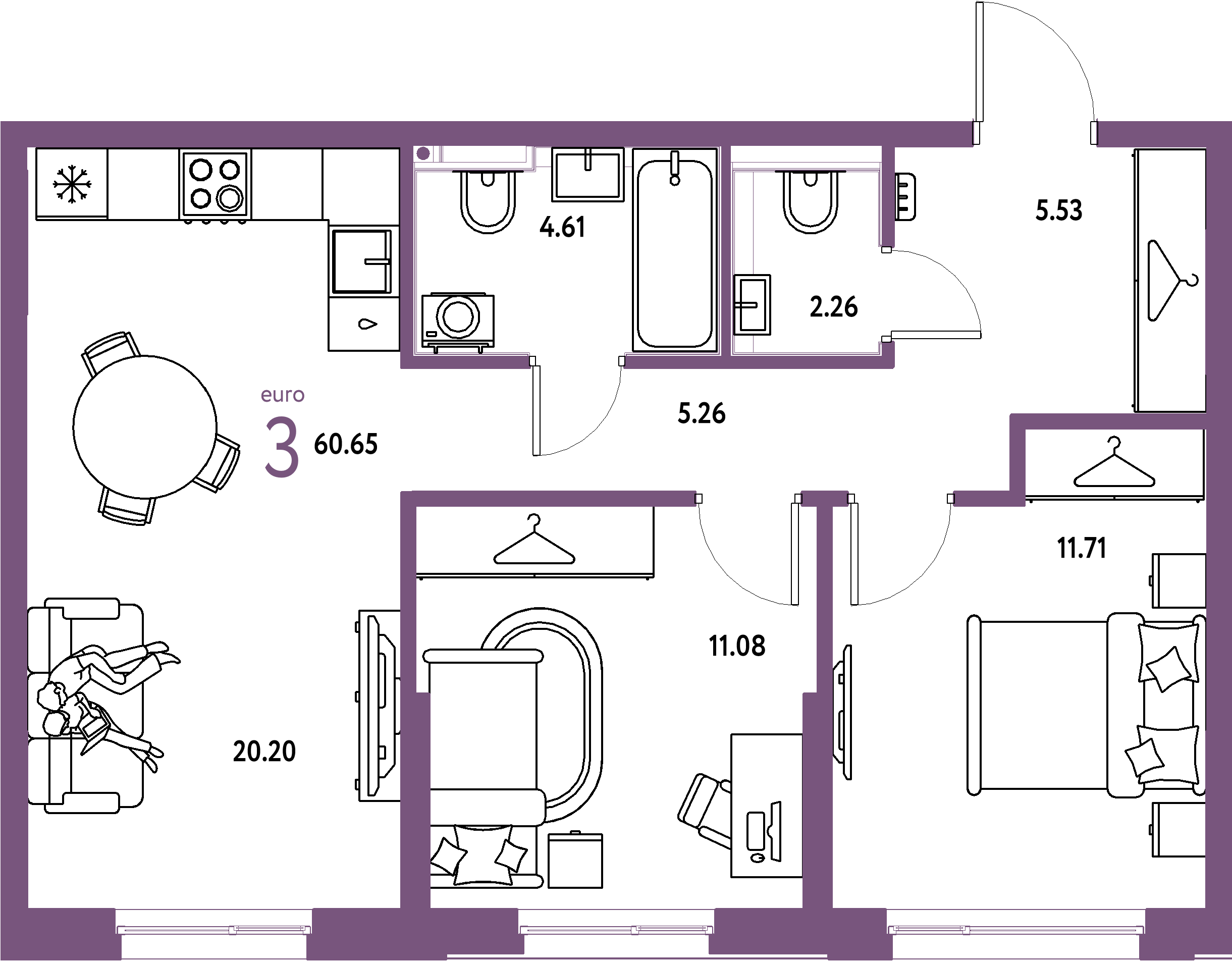 ЖК "Страна.Прибрежная"-3-комнатная 60.65 м²