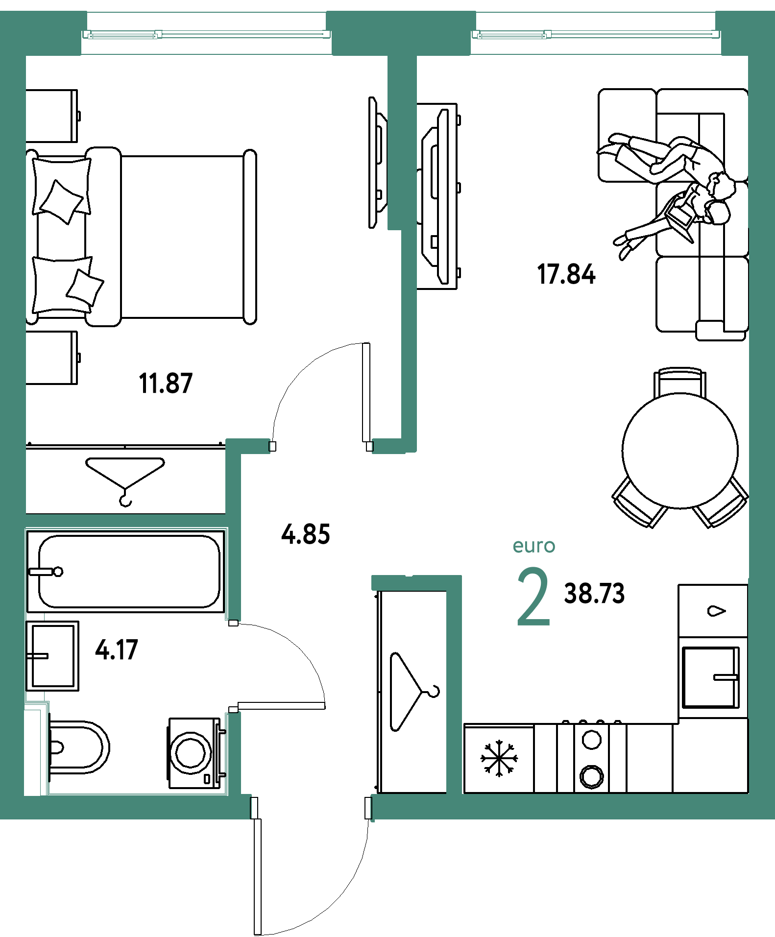 ЖК "Страна.Прибрежная"-2-комнатная 38.73 м²