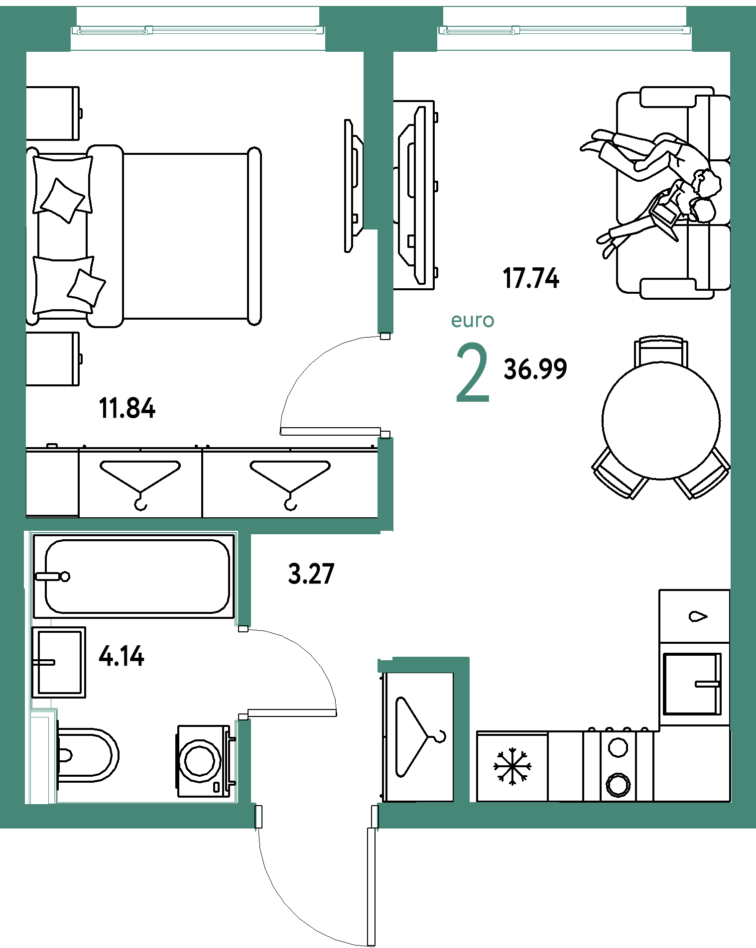 ЖК "Страна.Прибрежная"-2-комнатная 36.99 м²