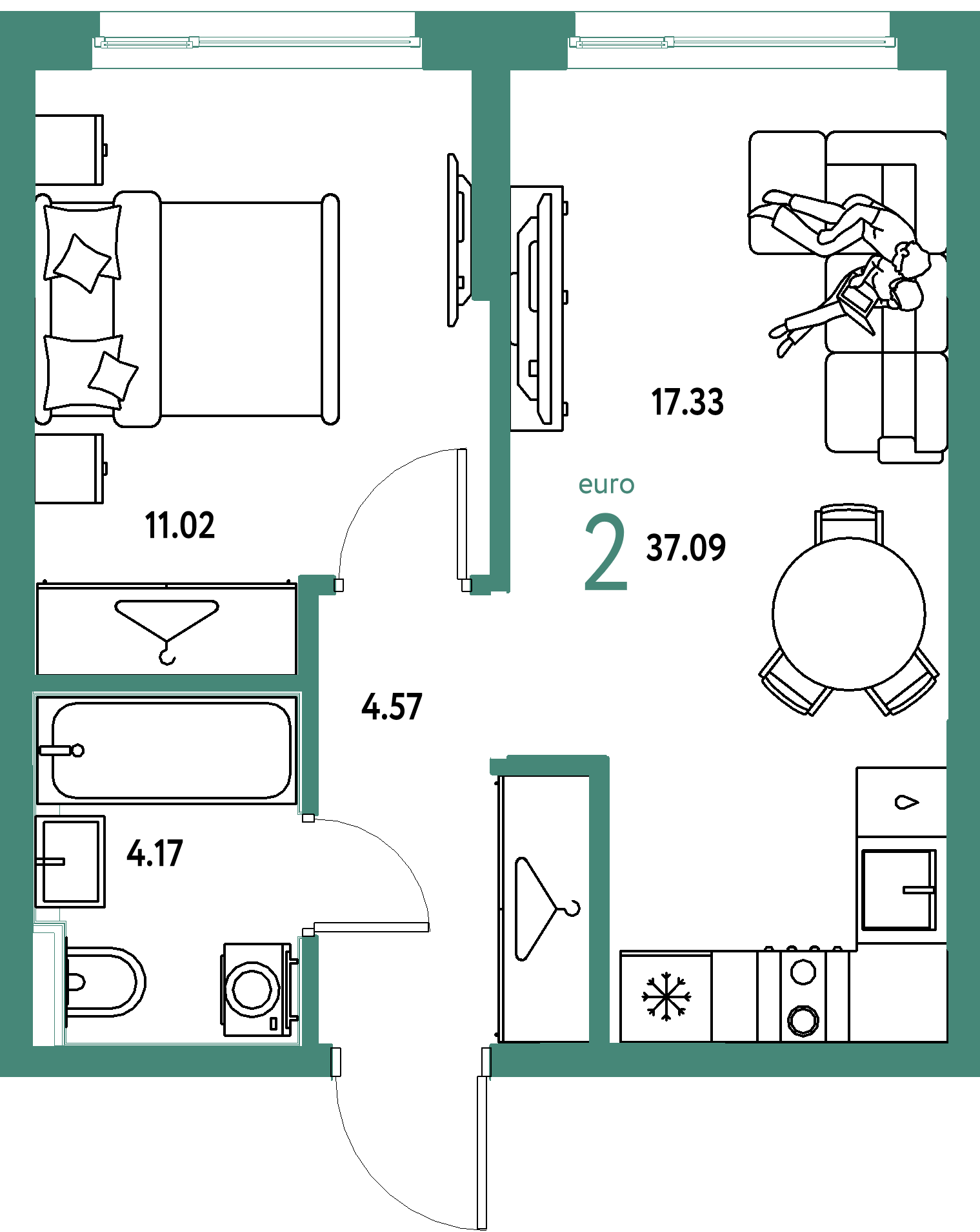 ЖК "Страна.Прибрежная"-2-комнатная 37.09 м²