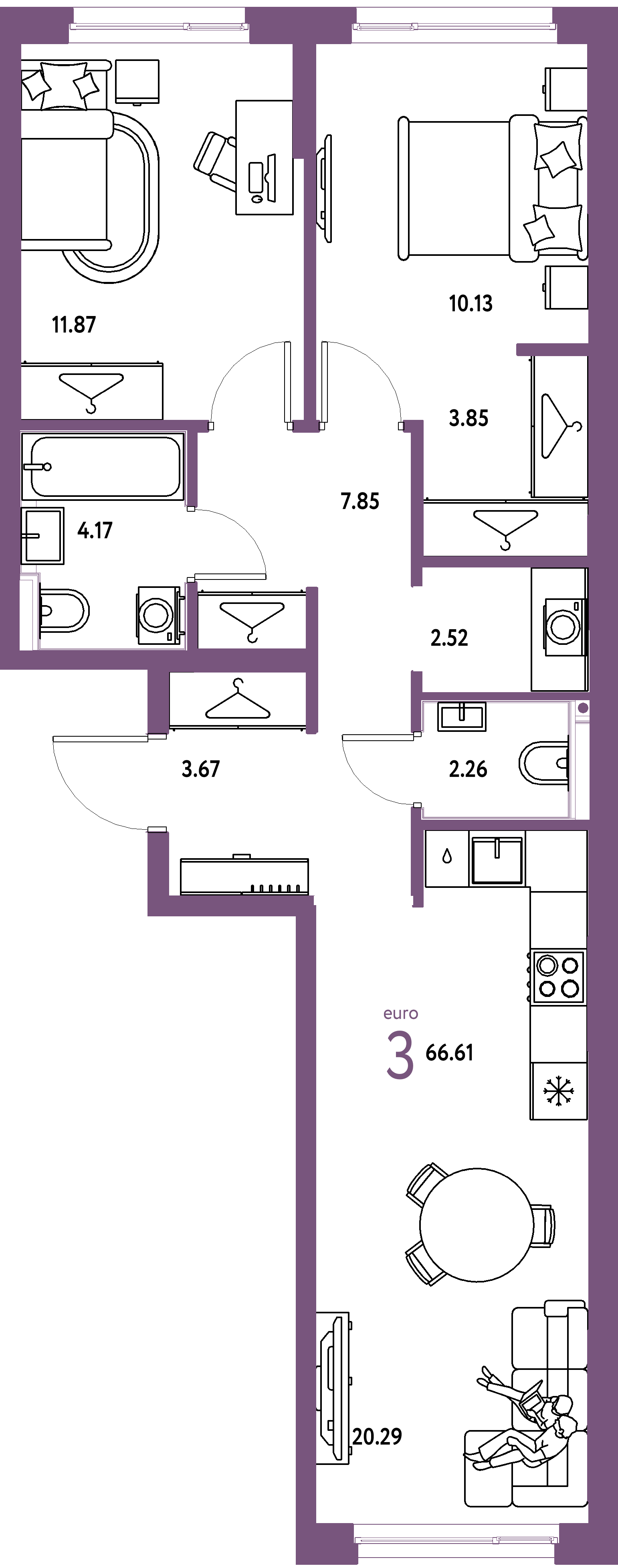 ЖК "Страна.Прибрежная"-3-комнатная 66.61 м²