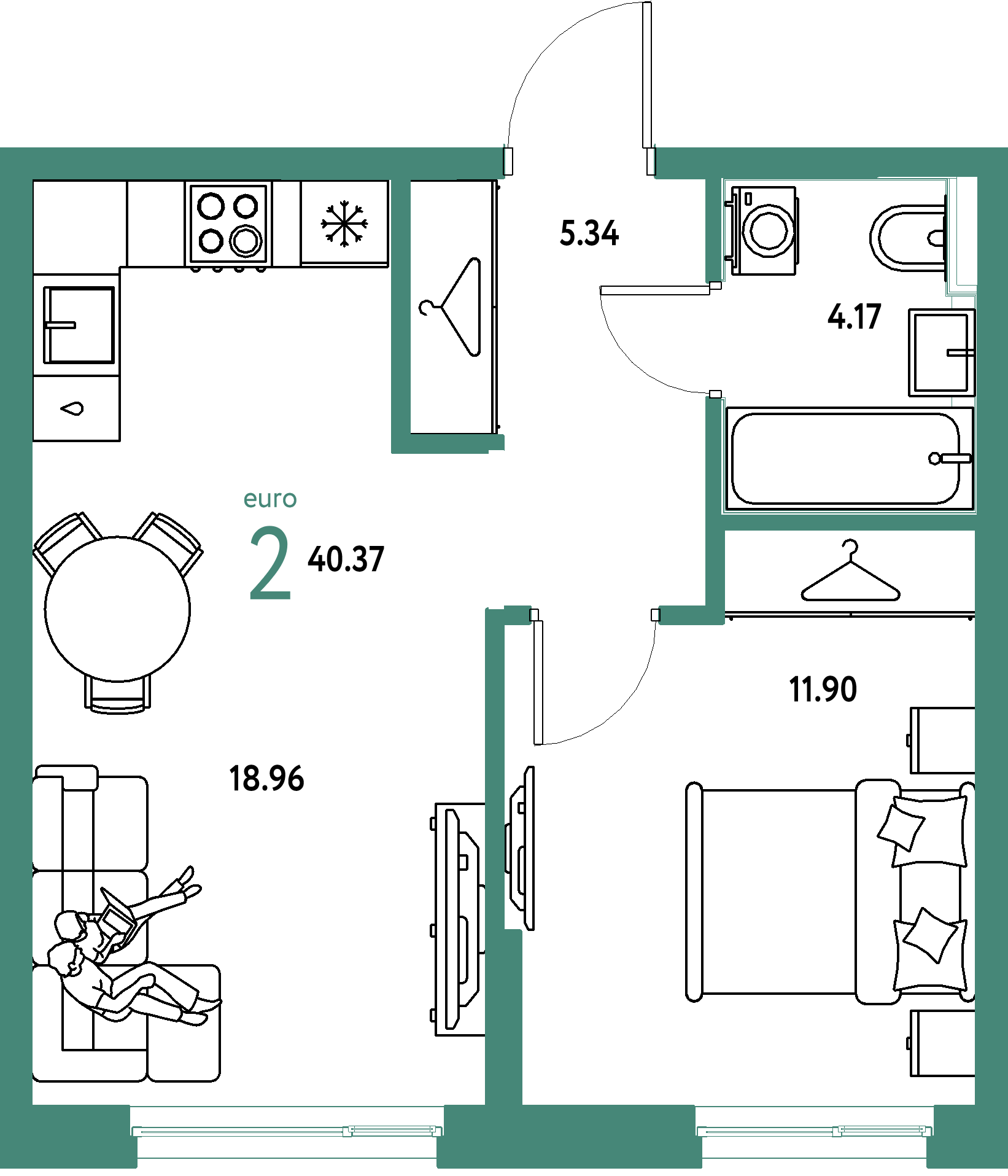 ЖК "Страна.Прибрежная"-2-комнатная 40.37 м²