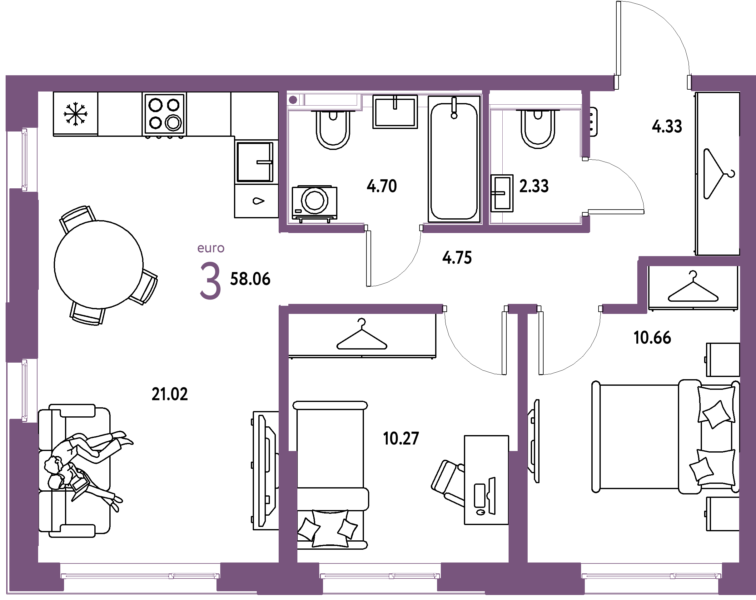 ЖК "Страна.Прибрежная"-3-комнатная 58.06 м²