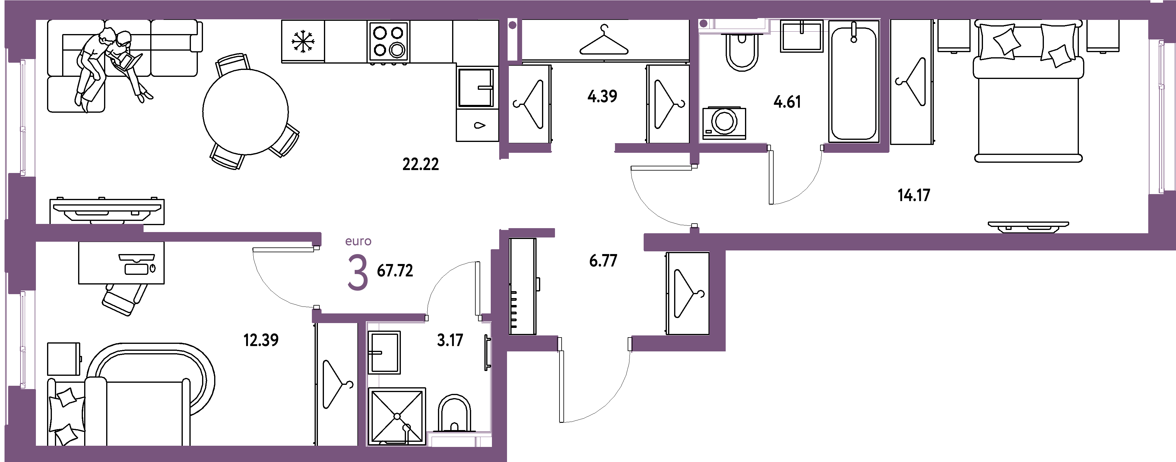 ЖК "Страна.Прибрежная"-3-комнатная 67.72 м²