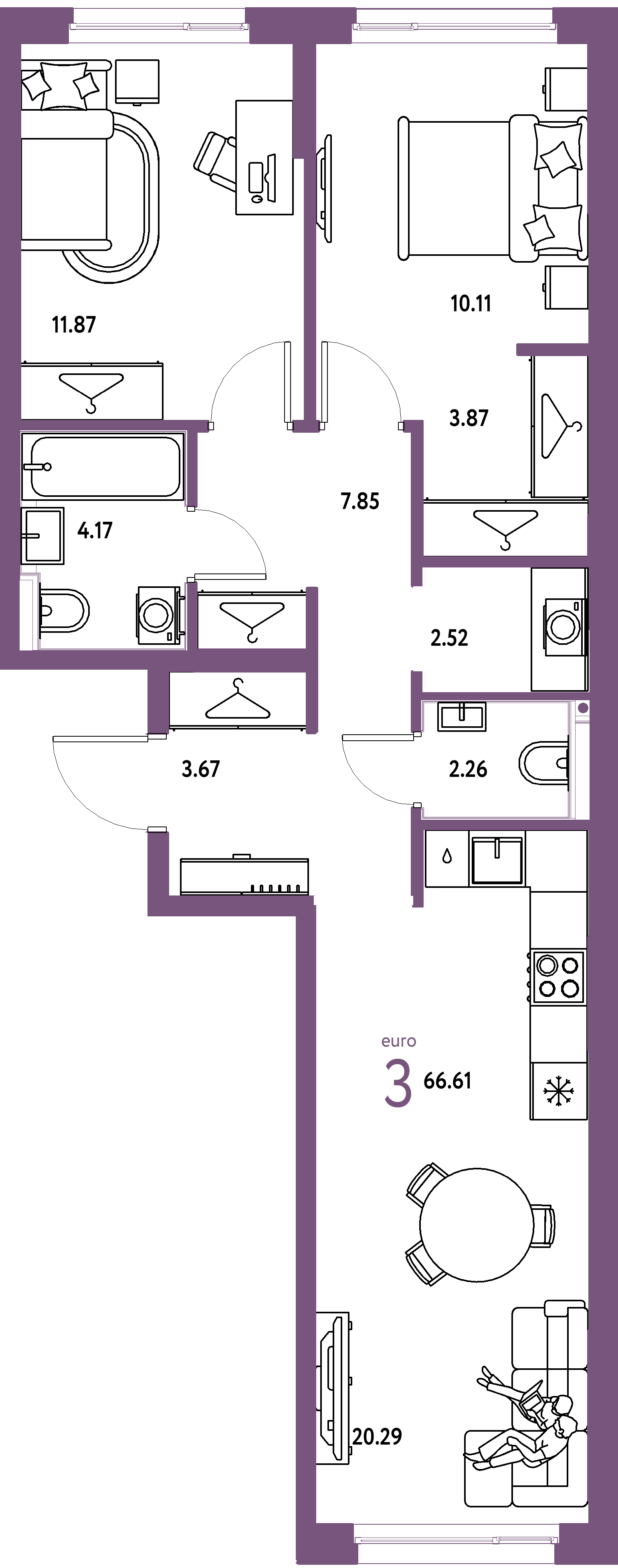 ЖК "Страна.Прибрежная"-3-комнатная 66.61 м²