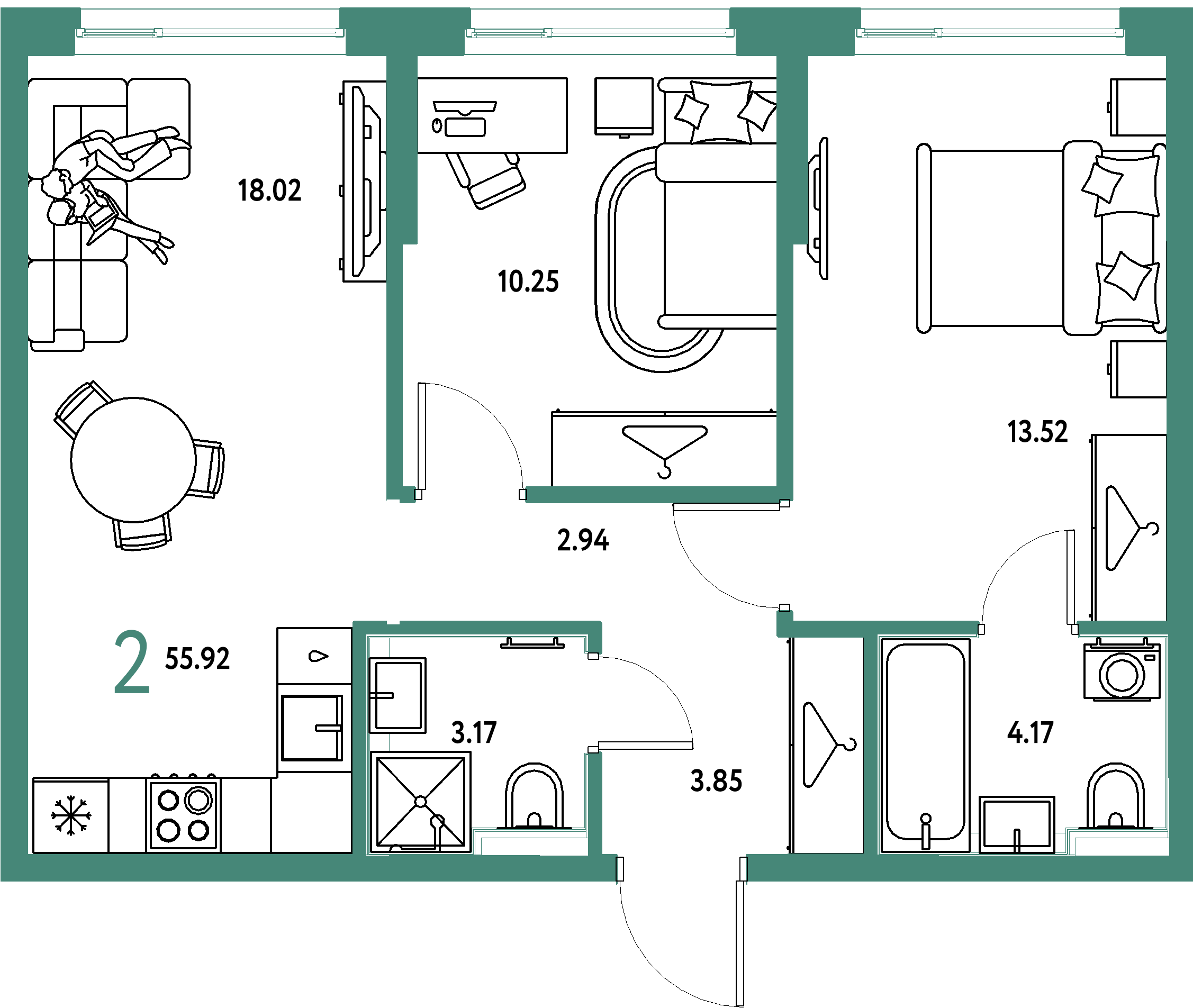 ЖК "Страна.Прибрежная"-2-комнатная 55.92 м²