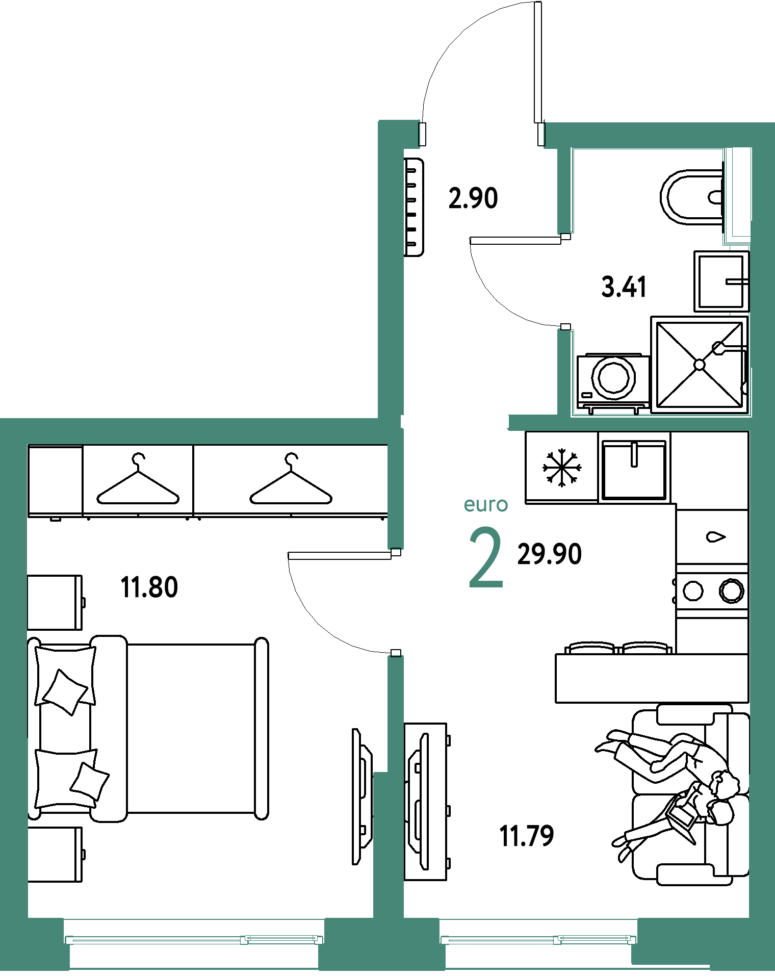 ЖК "Страна.Прибрежная"-2-комнатная 29.9 м²