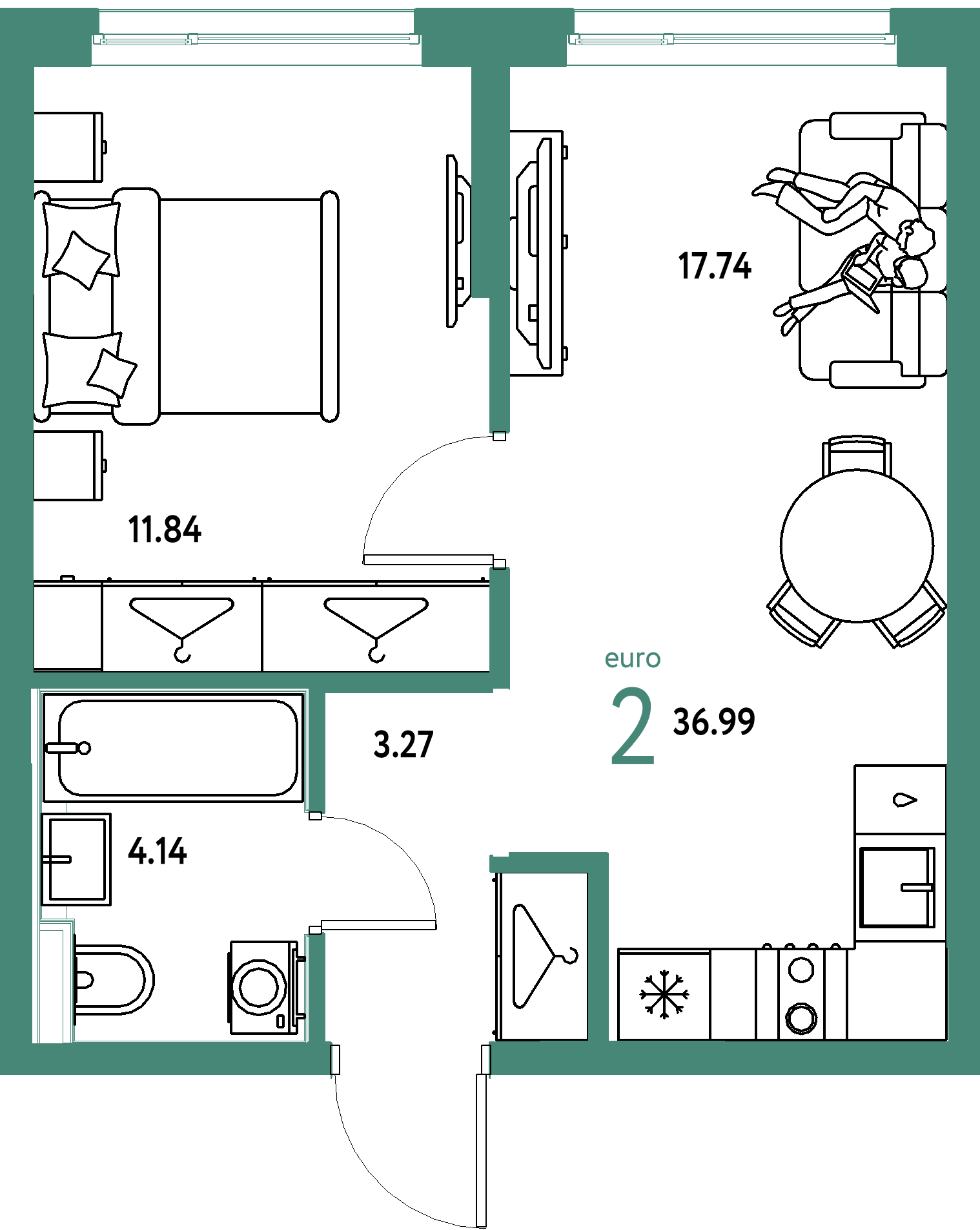 ЖК "Страна.Прибрежная"-2-комнатная 36.99 м²