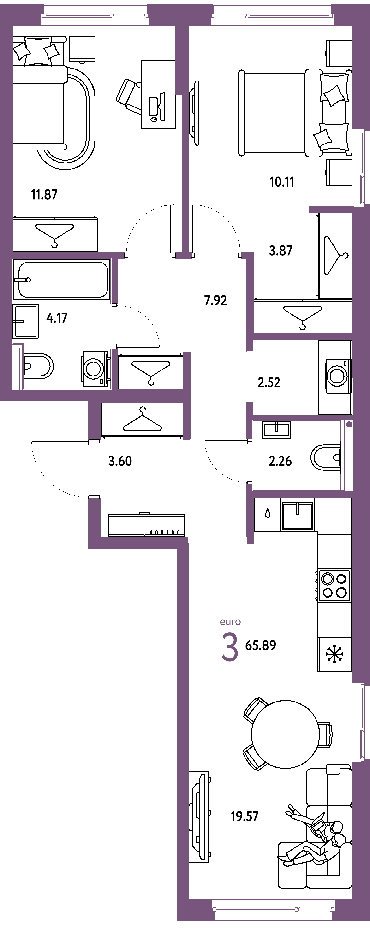 ЖК "Страна.Прибрежная"-3-комнатная 65.89 м²