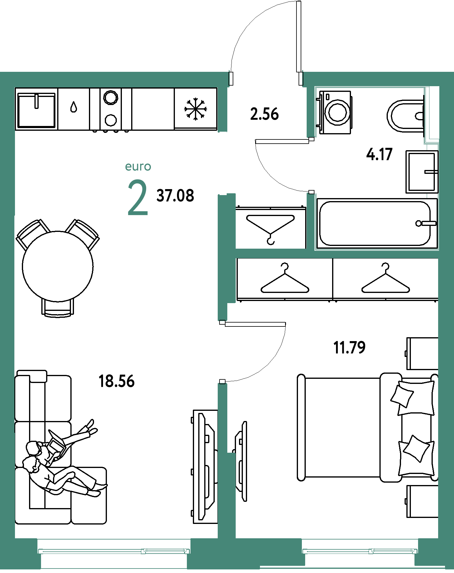 ЖК "Страна.Прибрежная"-2-комнатная 37.08 м²