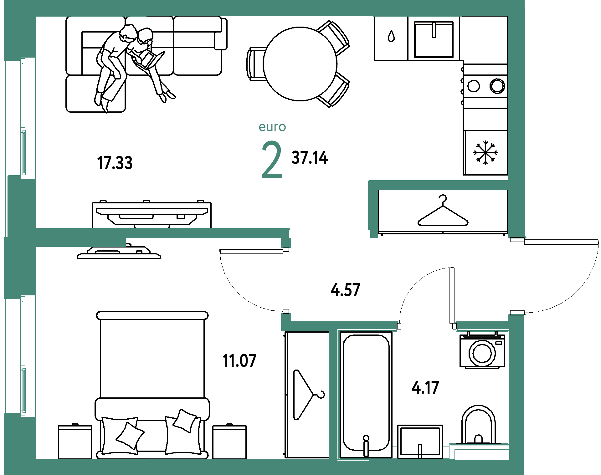 ЖК "Страна.Прибрежная"-2-комнатная 37.14 м²