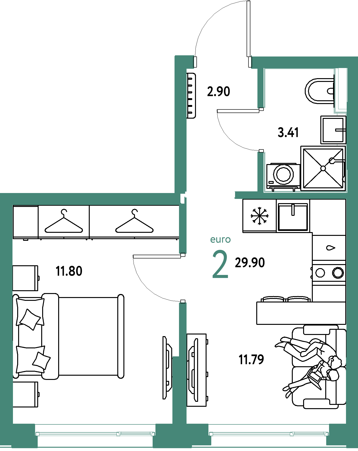 ЖК "Страна.Прибрежная"-2-комнатная 29.9 м²