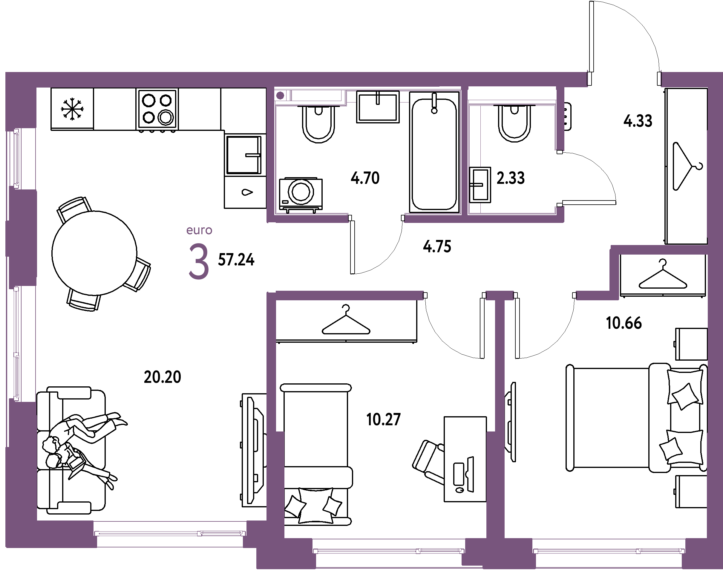 ЖК "Страна.Прибрежная"-3-комнатная 57.24 м²