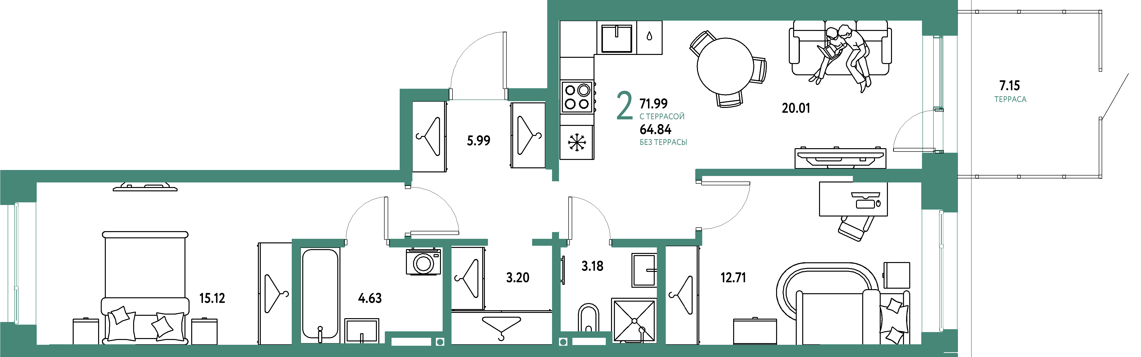 ЖК "Страна.Прибрежная"-2-комнатная 71.99 м²