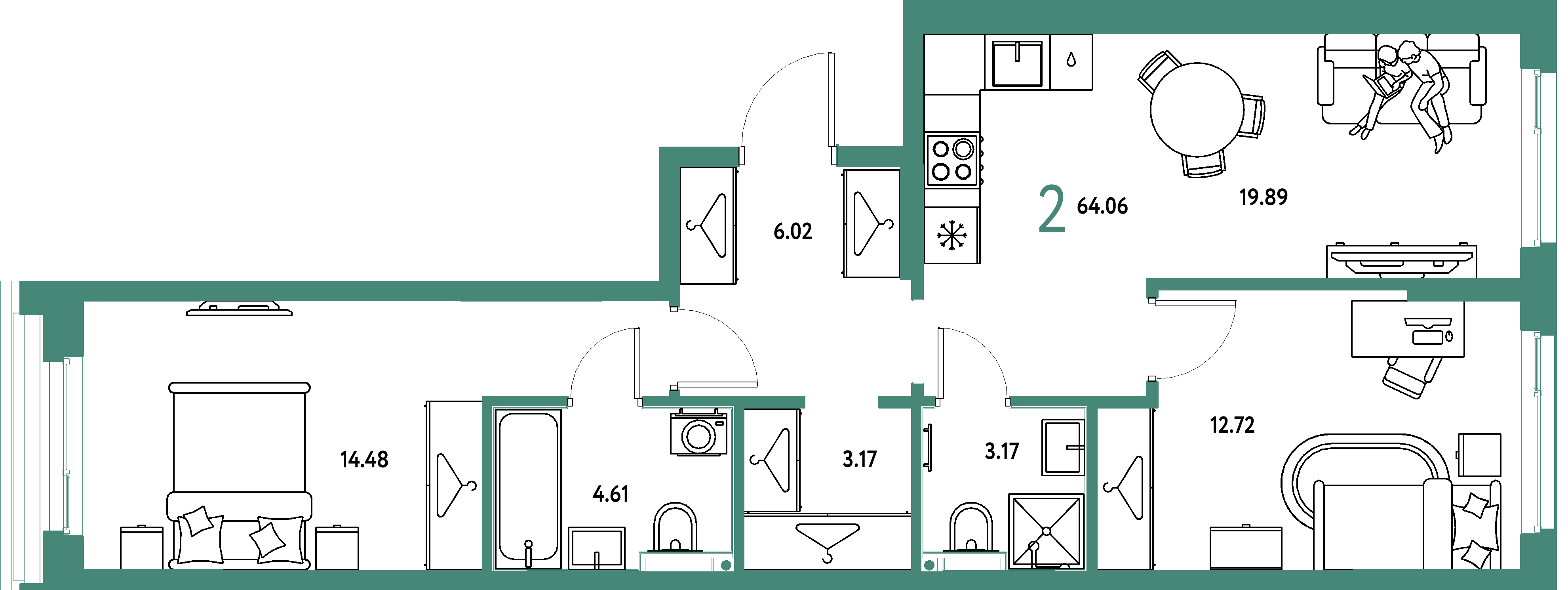 ЖК "Страна.Прибрежная"-2-комнатная 64.06 м²