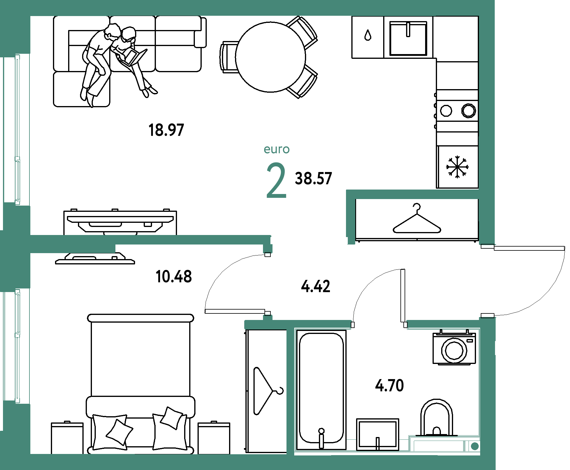 ЖК "Страна.Прибрежная"-2-комнатная 38.57 м²