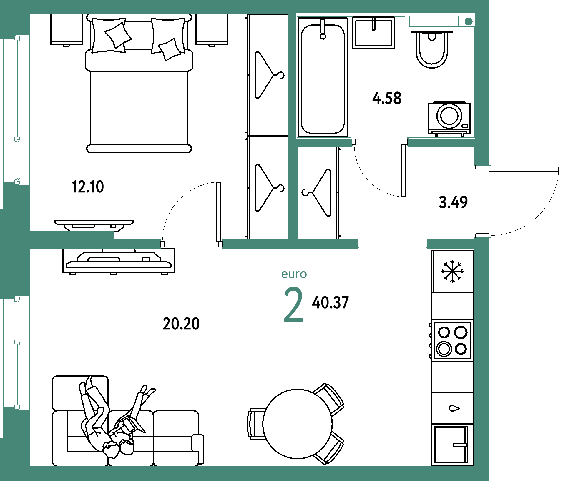 ЖК "Страна.Прибрежная"-2-комнатная 40.37 м²