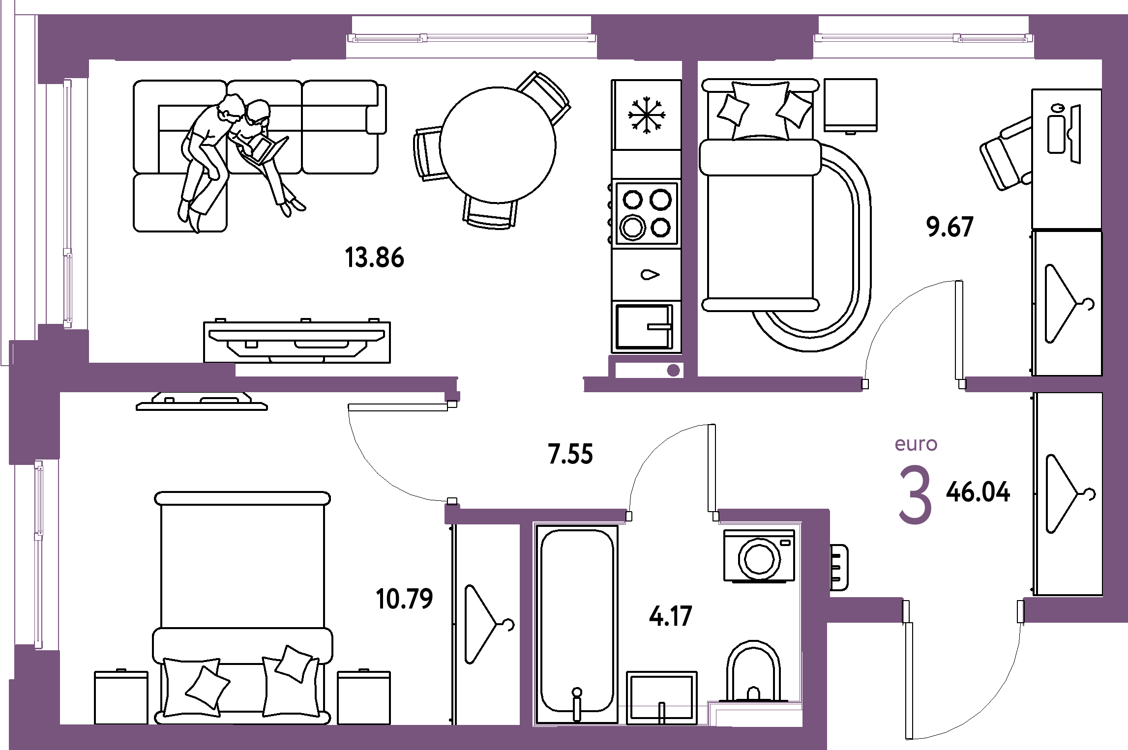 ЖК "Страна.Прибрежная"-3-комнатная 46.04 м²
