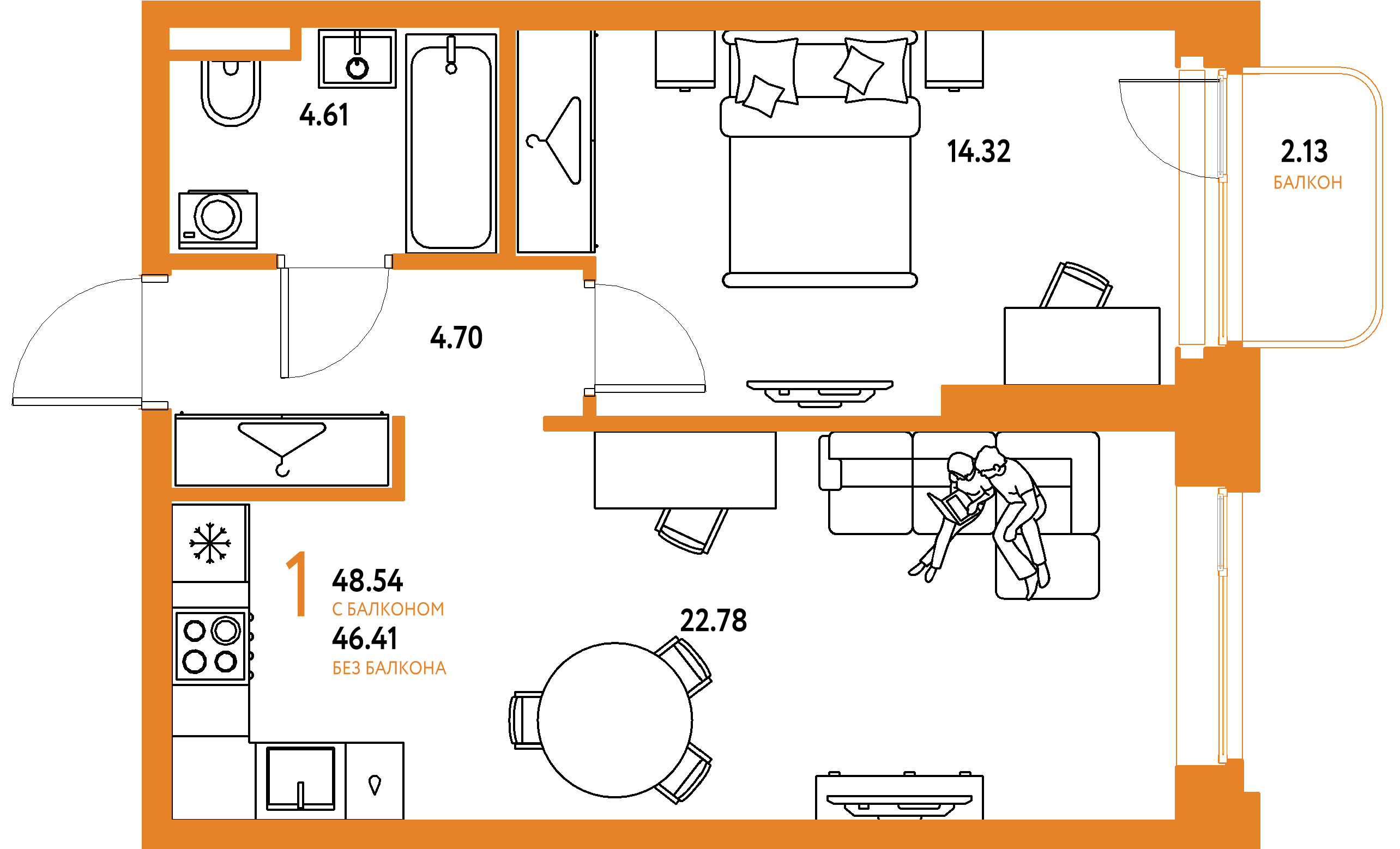 ЖК "Страна.Тополёвая"-1-комнатная 48.54 м²