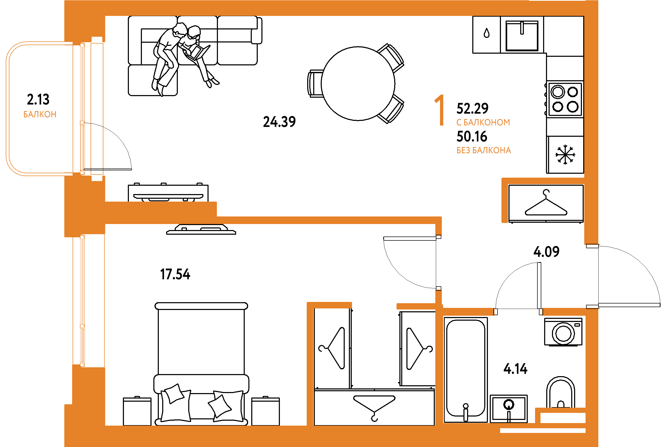 ЖК "Страна.Тополёвая"-1-комнатная 52.29 м²