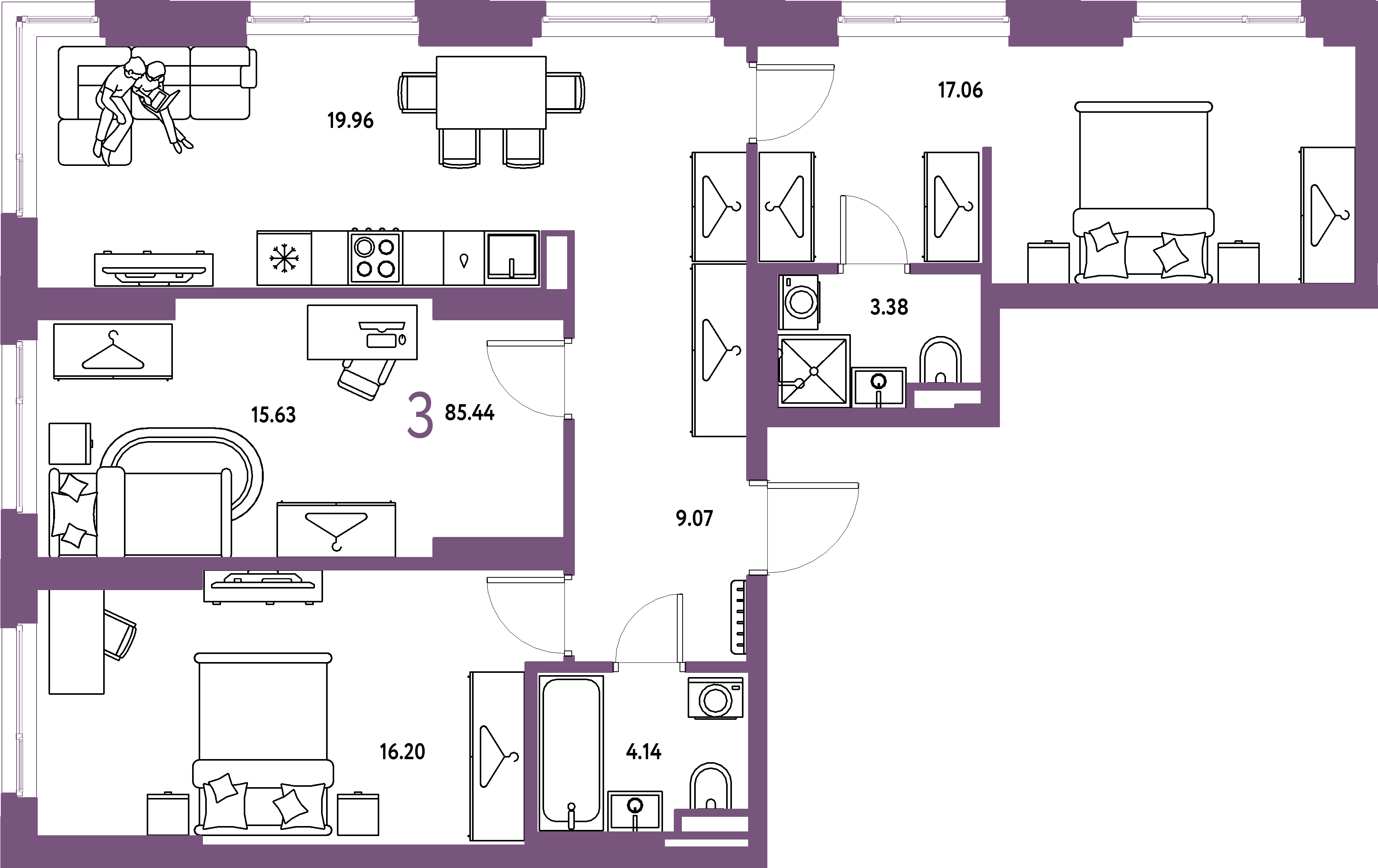 ЖК "Страна.Тополёвая"-3-комнатная 85.44 м²