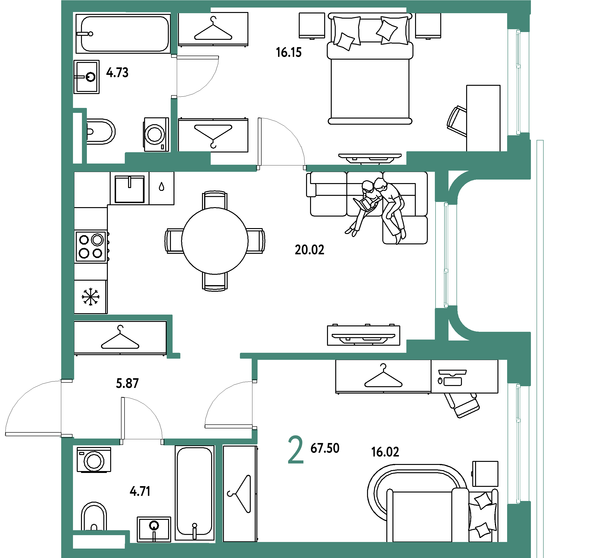 ЖК "Страна.Тополёвая"-2-комнатная 67.5 м²