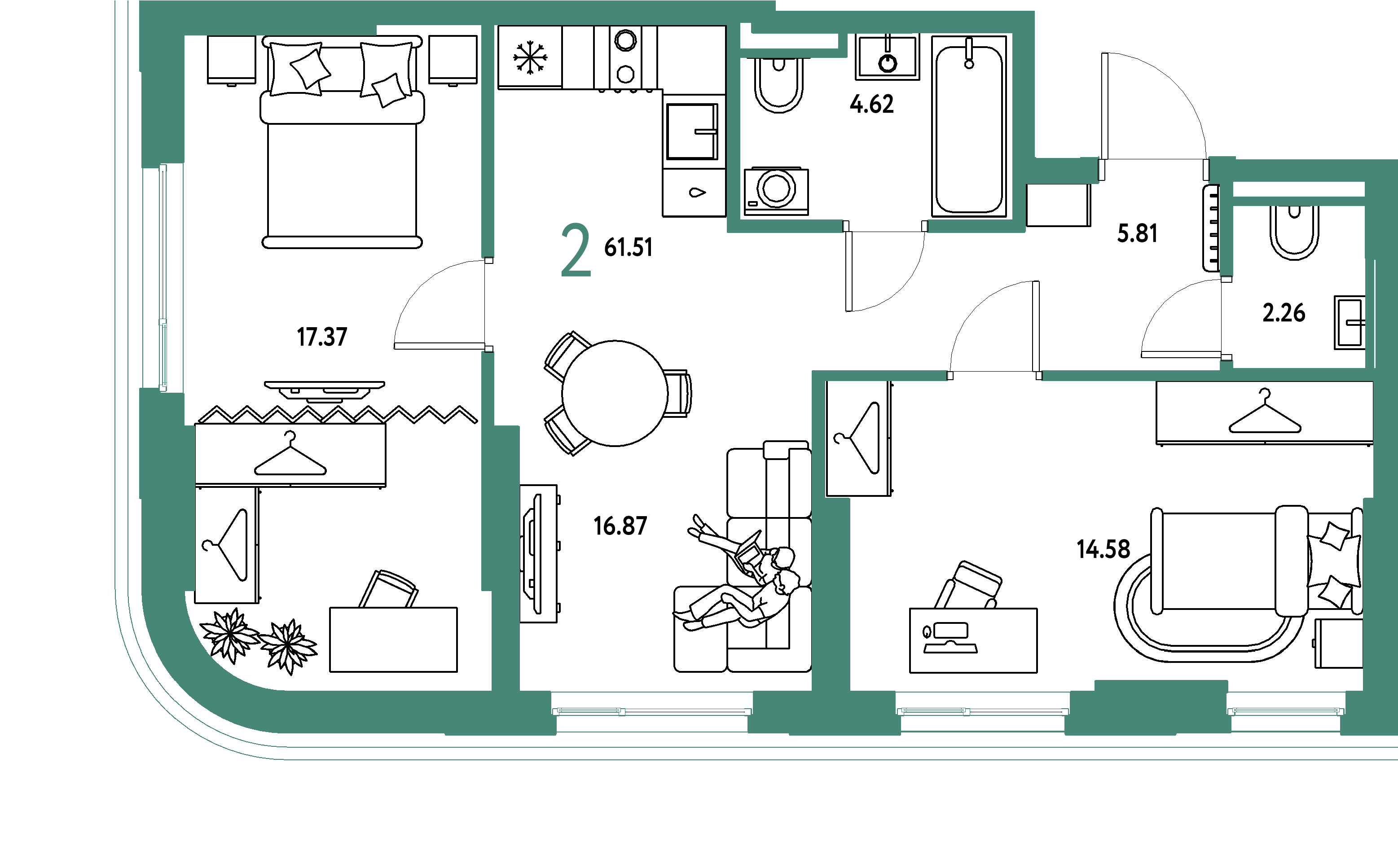 ЖК "Страна.Тополёвая"-2-комнатная 61.51 м²