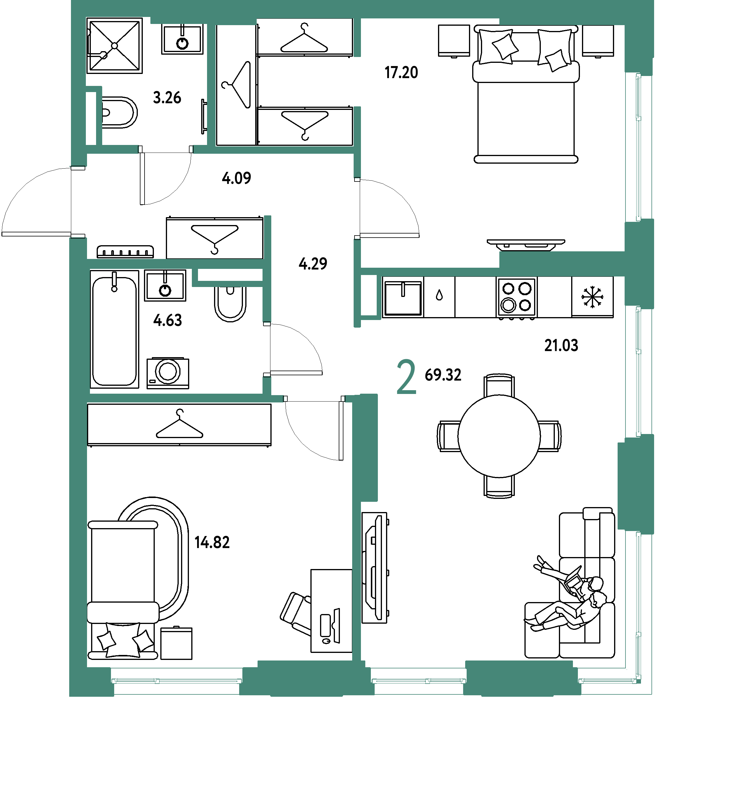 ЖК "Страна.Тополёвая"-2-комнатная 69.32 м²