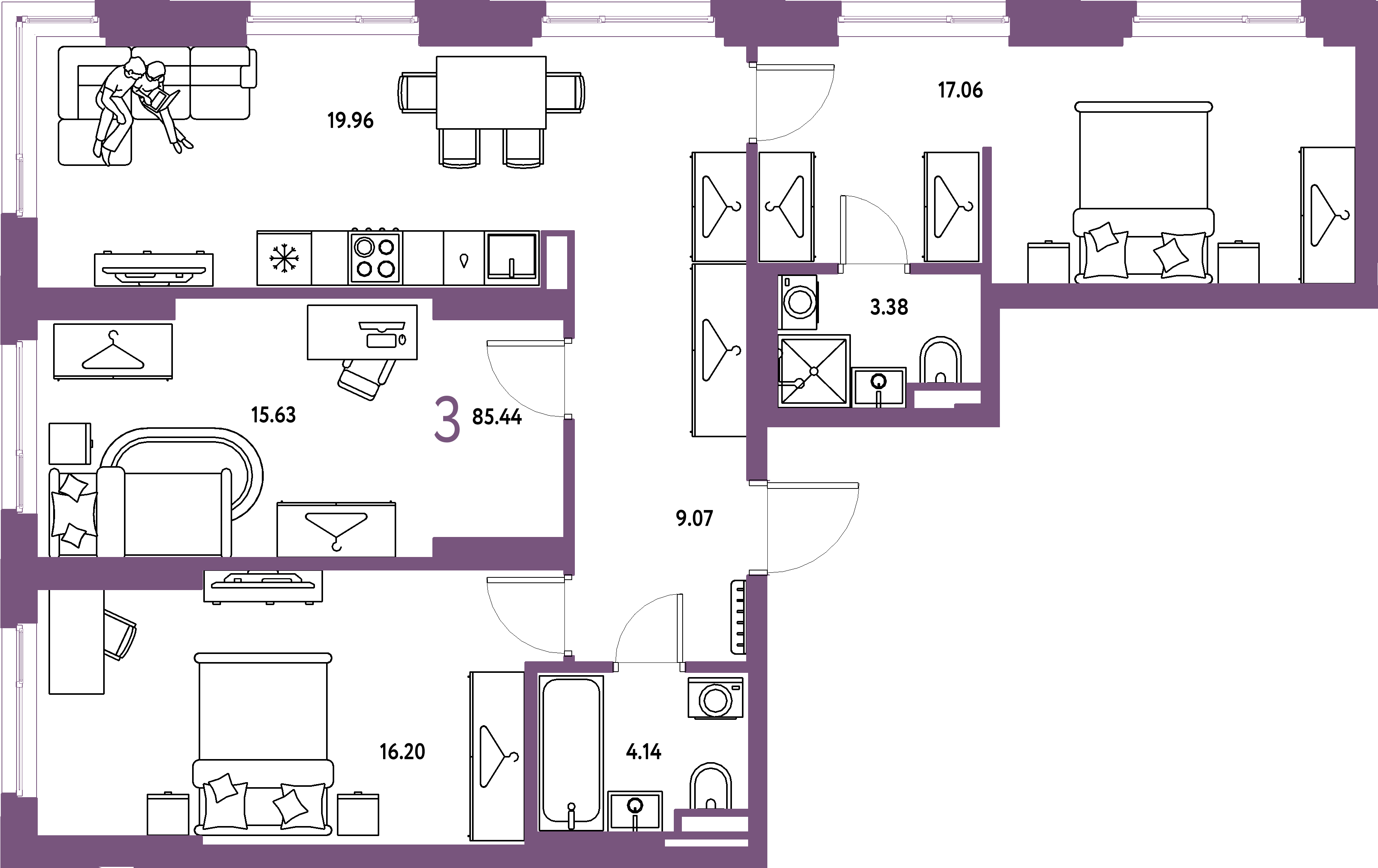 ЖК "Страна.Тополёвая"-3-комнатная 85.44 м²