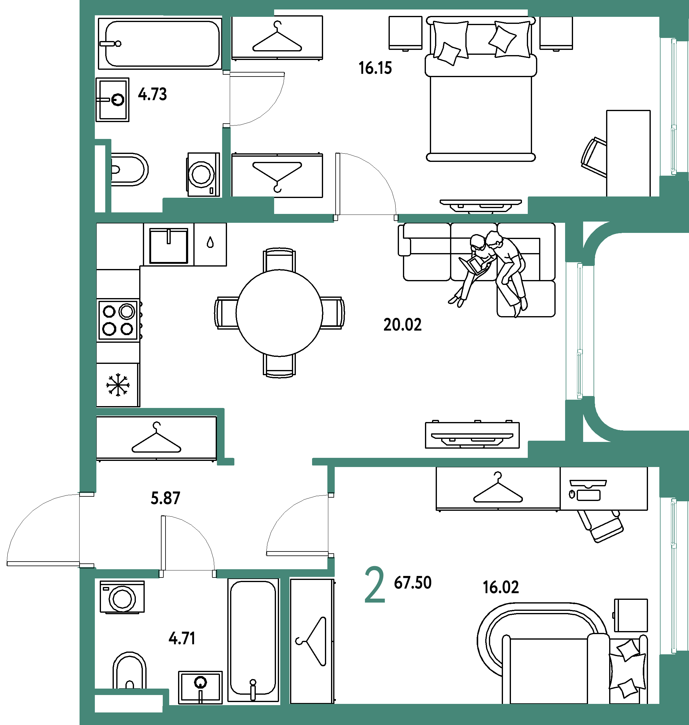 ЖК "Страна.Тополёвая"-2-комнатная 67.5 м²