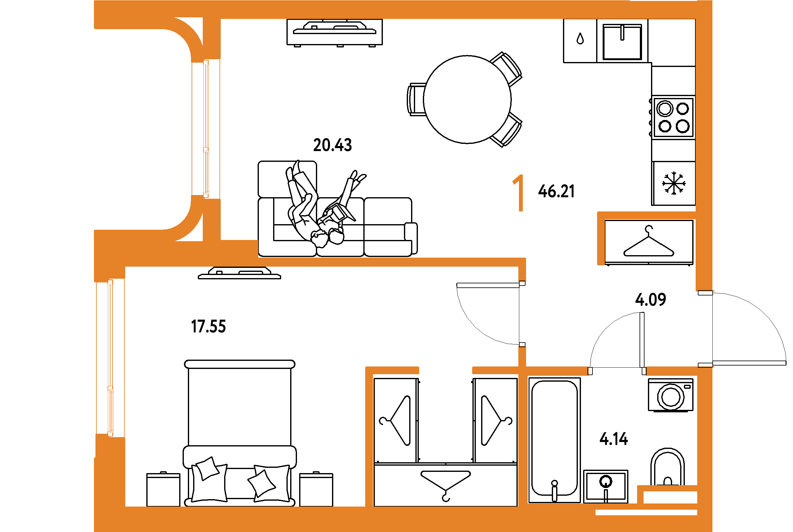 ЖК "Страна.Тополёвая"-1-комнатная 46.21 м²