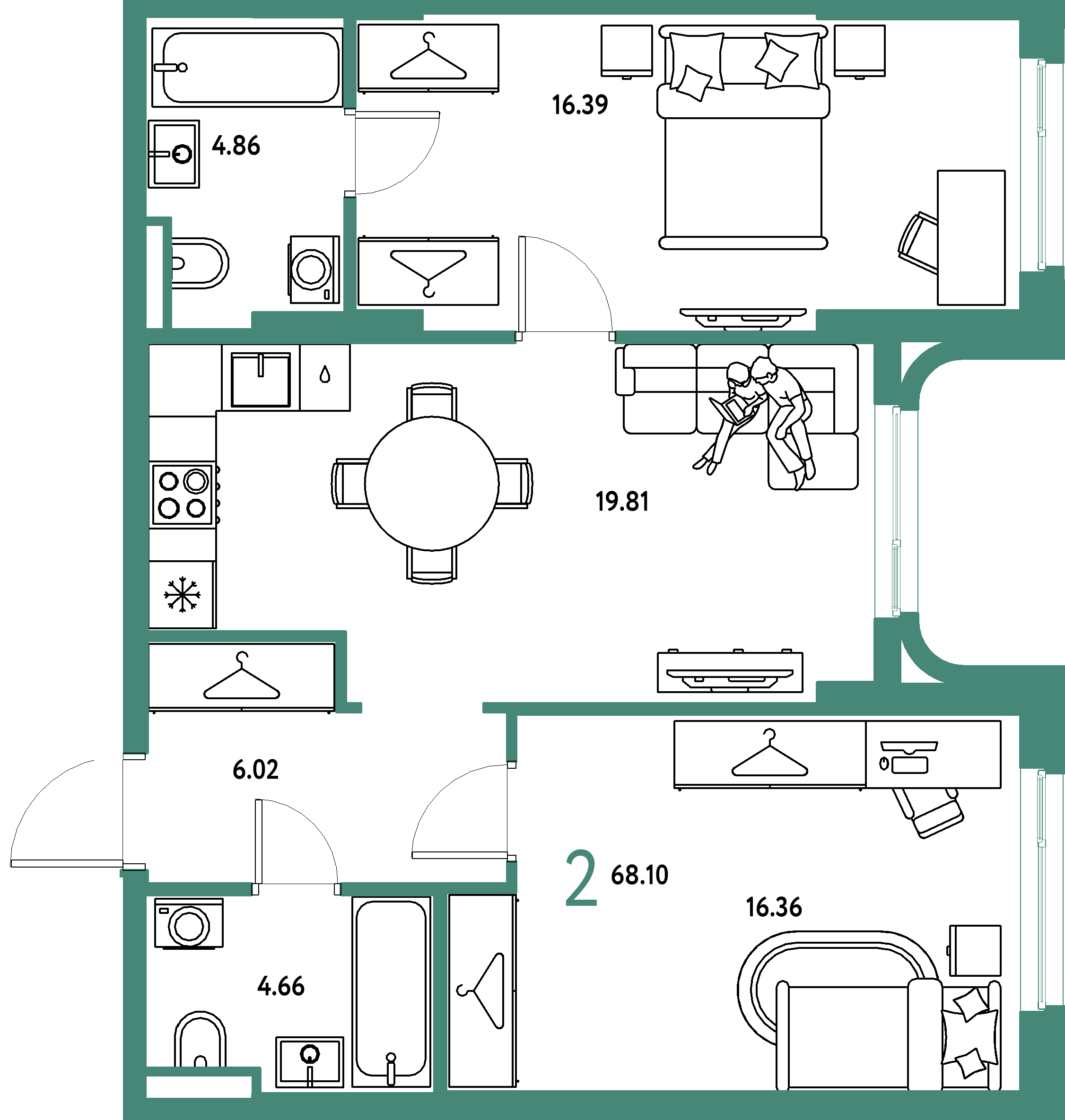 ЖК "Страна.Тополёвая"-2-комнатная 68.1 м²