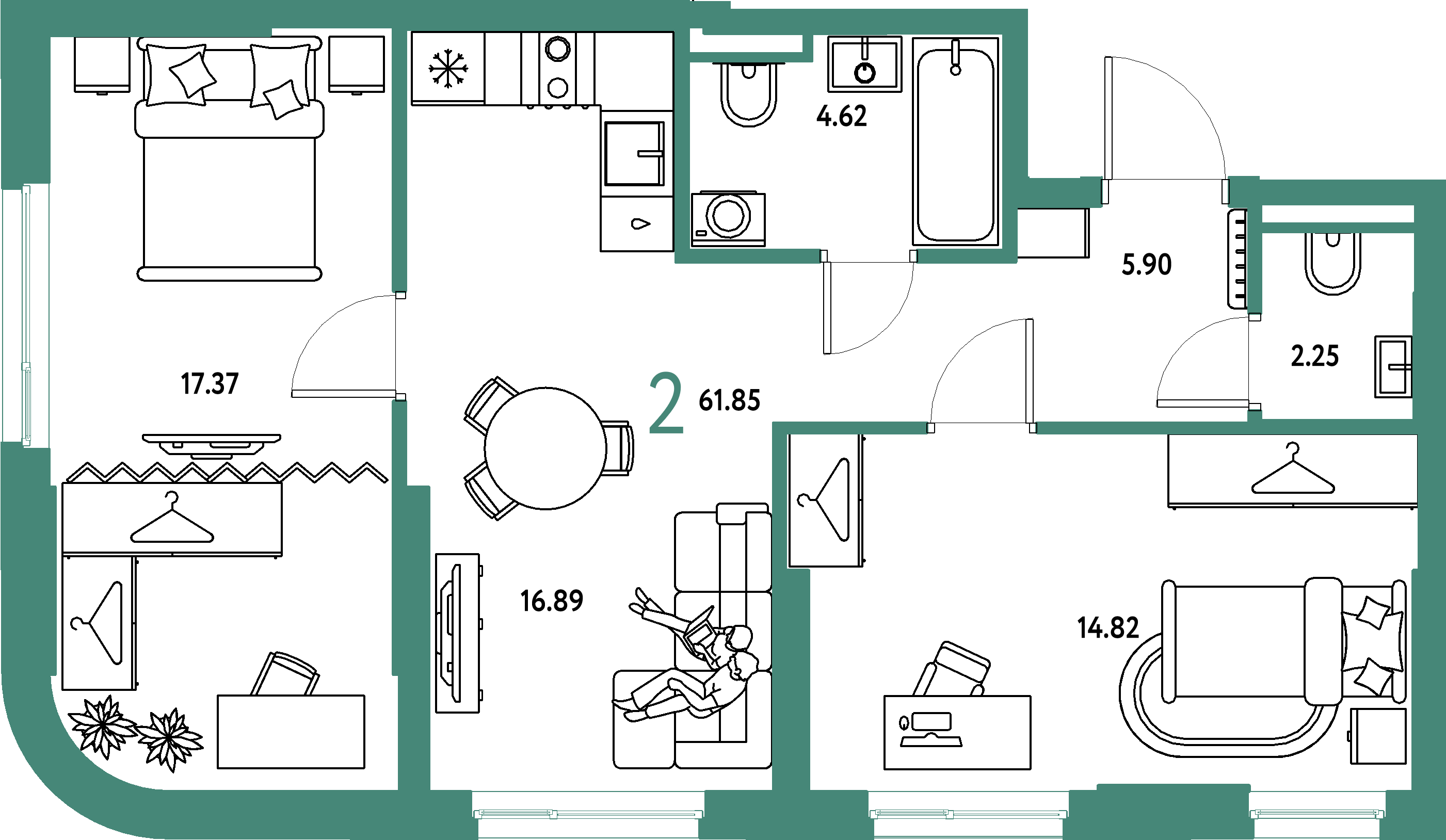 ЖК "Страна.Тополёвая"-2-комнатная 61.85 м²