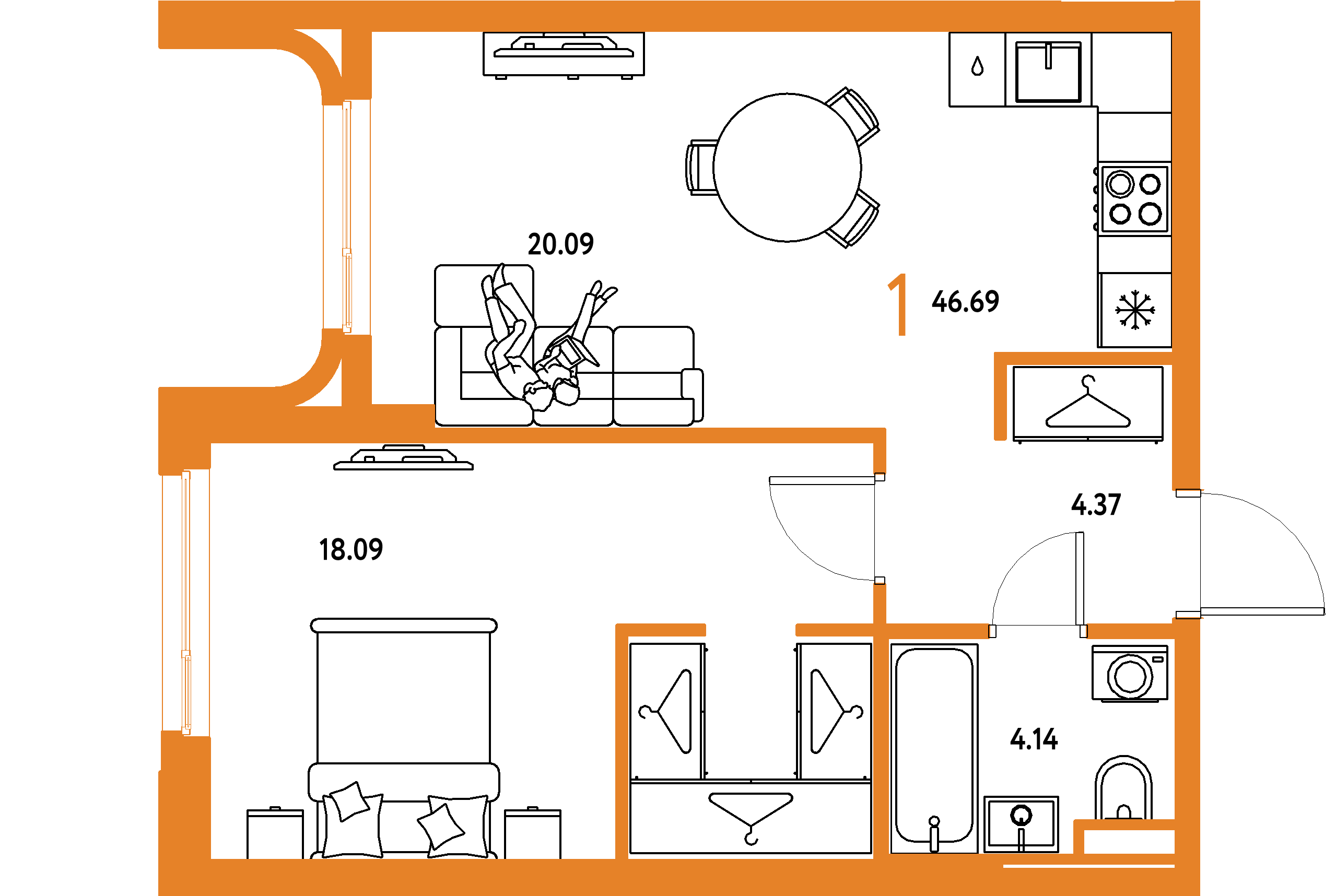 ЖК "Страна.Тополёвая"-1-комнатная 46.69 м²
