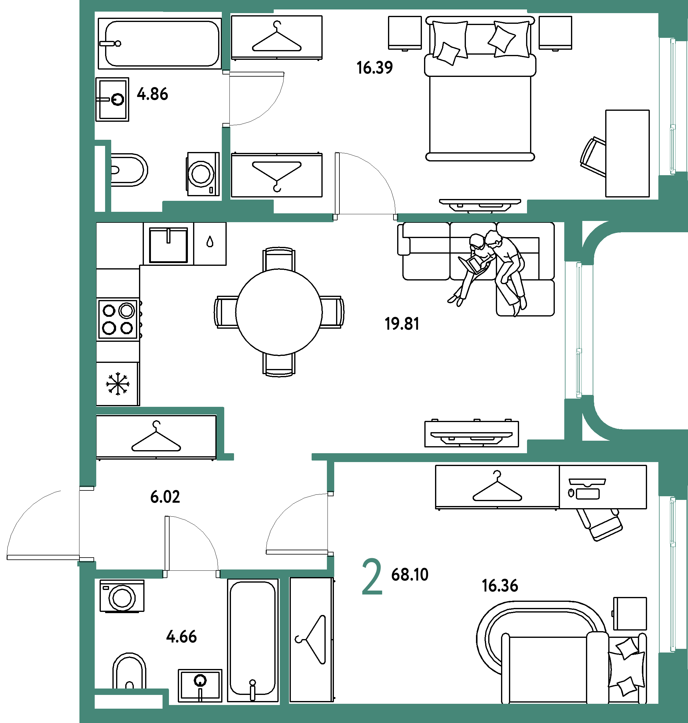 ЖК "Страна.Тополёвая"-2-комнатная 68.1 м²