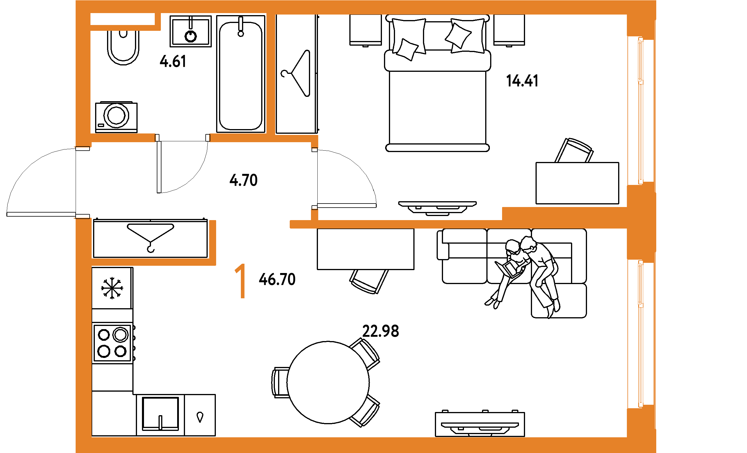 ЖК "Страна.Тополёвая"-1-комнатная 46.7 м²