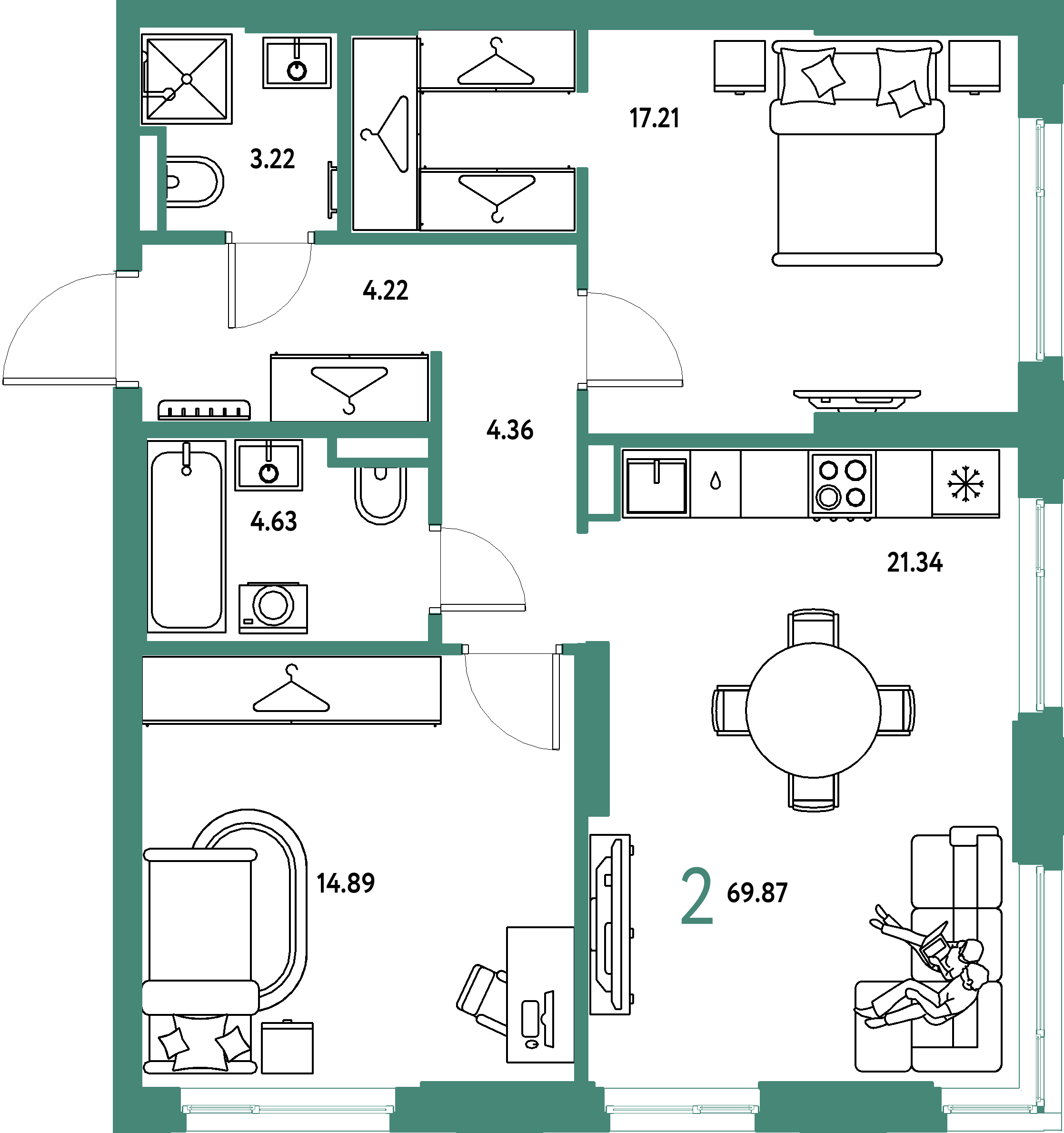 ЖК "Страна.Тополёвая"-2-комнатная 69.87 м²