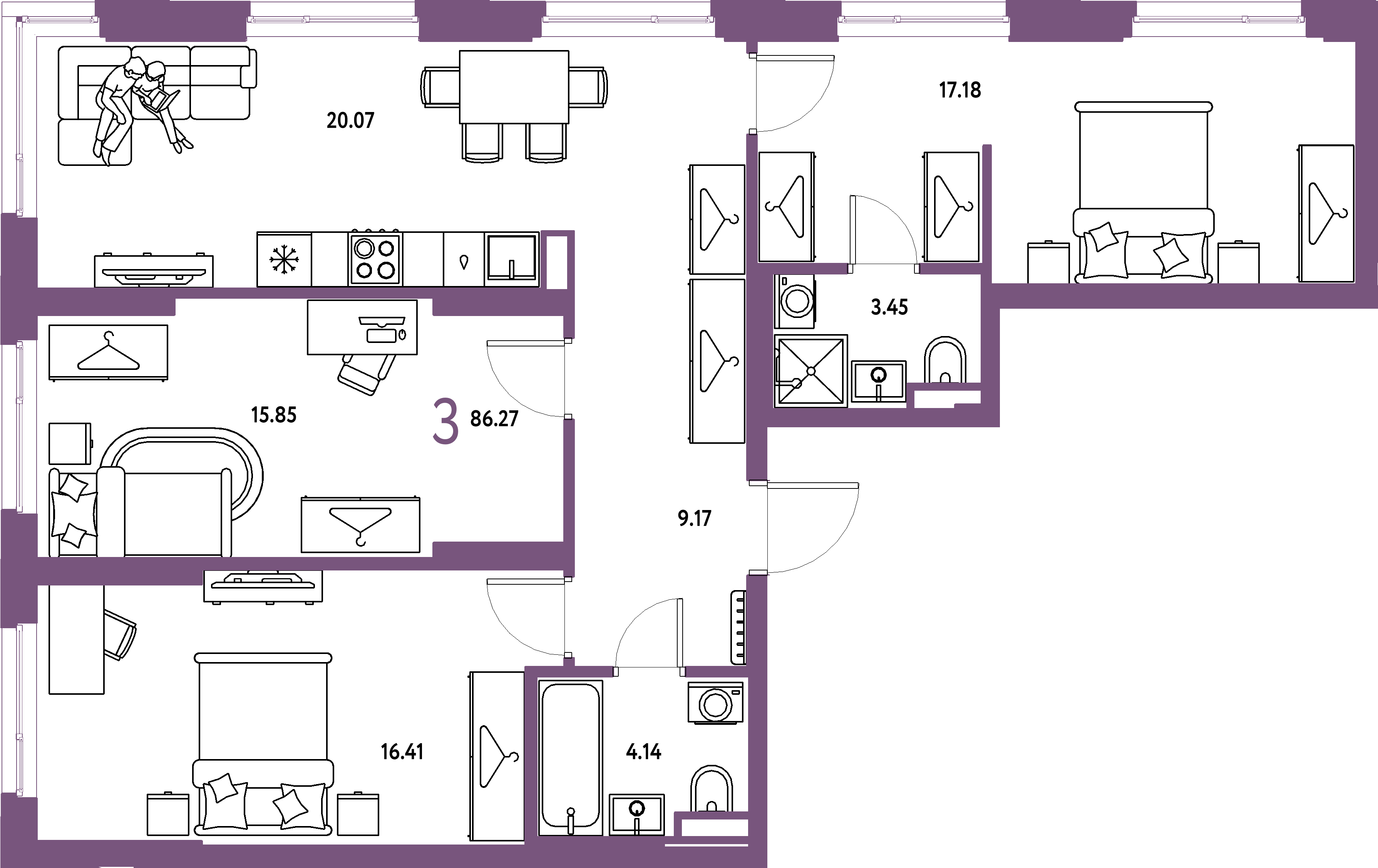 ЖК "Страна.Тополёвая"-3-комнатная 86.27 м²