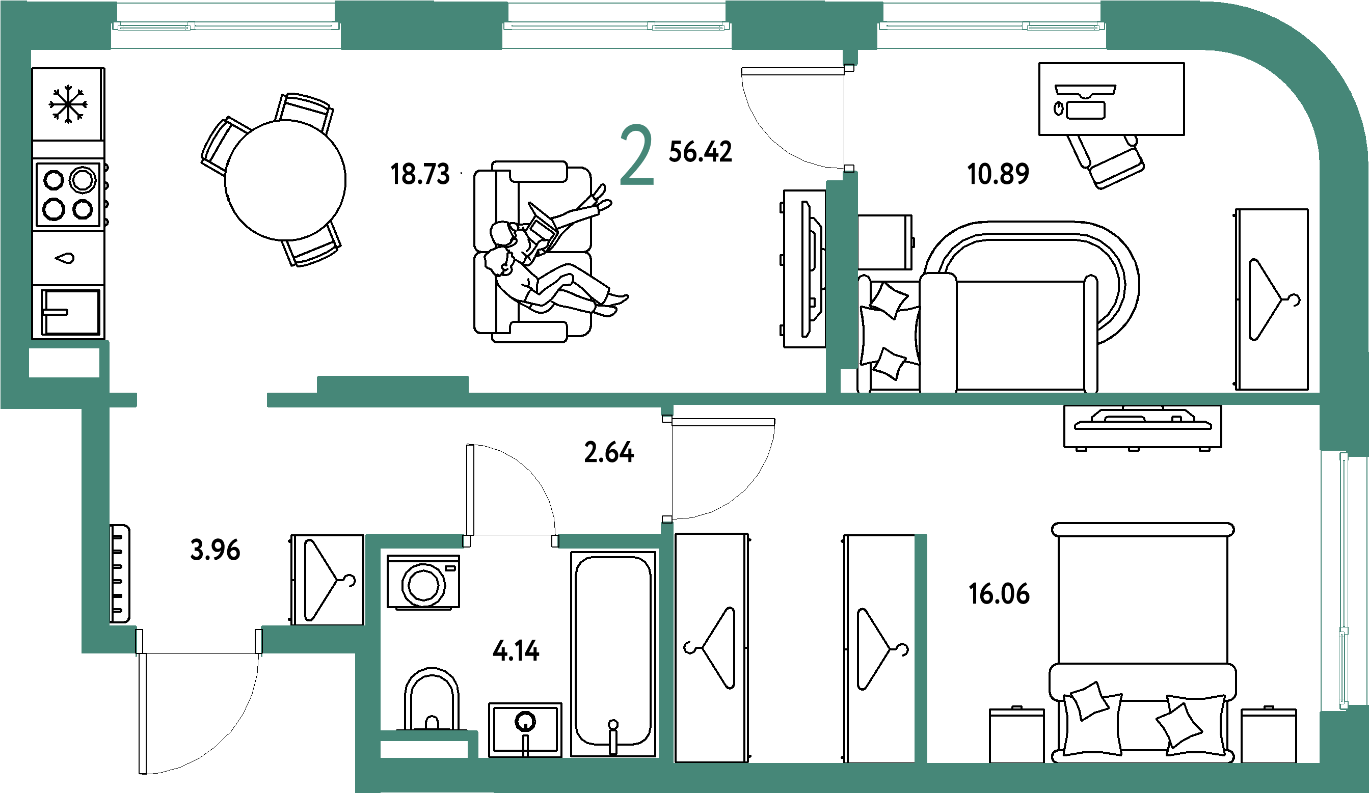 ЖК "Страна.Тополёвая"-2-комнатная 56.42 м²