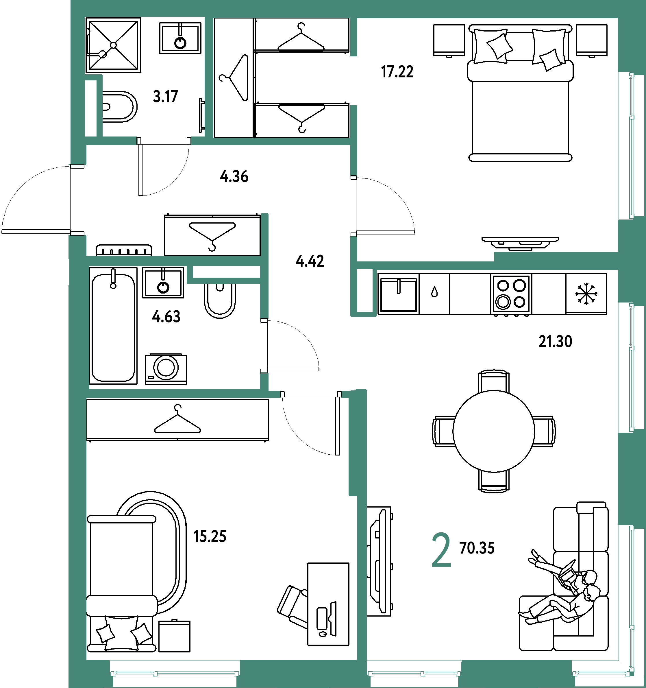 ЖК "Страна.Тополёвая"-2-комнатная 70.35 м²